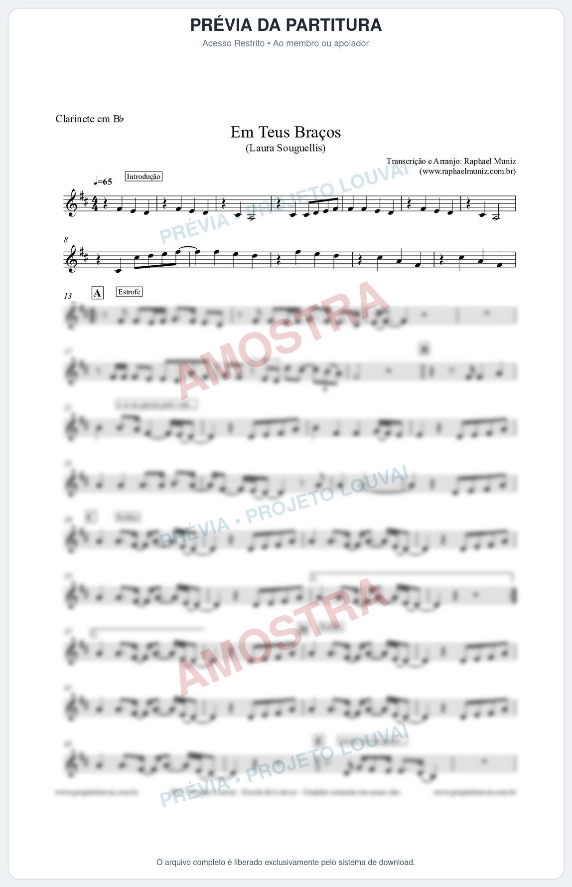 Prévia protegida da primeira página da partitura Partitura para Clarinete - Em Teus Braços - Laura Souguellis