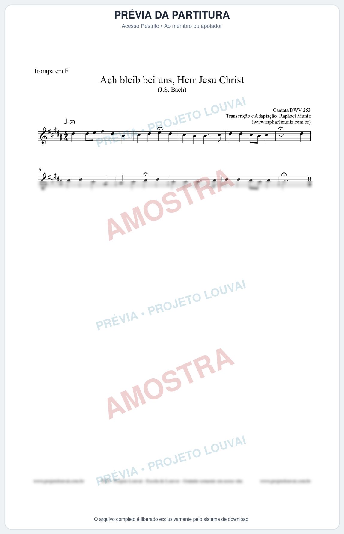 Prévia protegida da primeira página da partitura Partitura para Trompa em F - Ach bleib bei uns, Herr Jesu Christ (BWV 253) (Tom E) - Johann Sebastian Bach