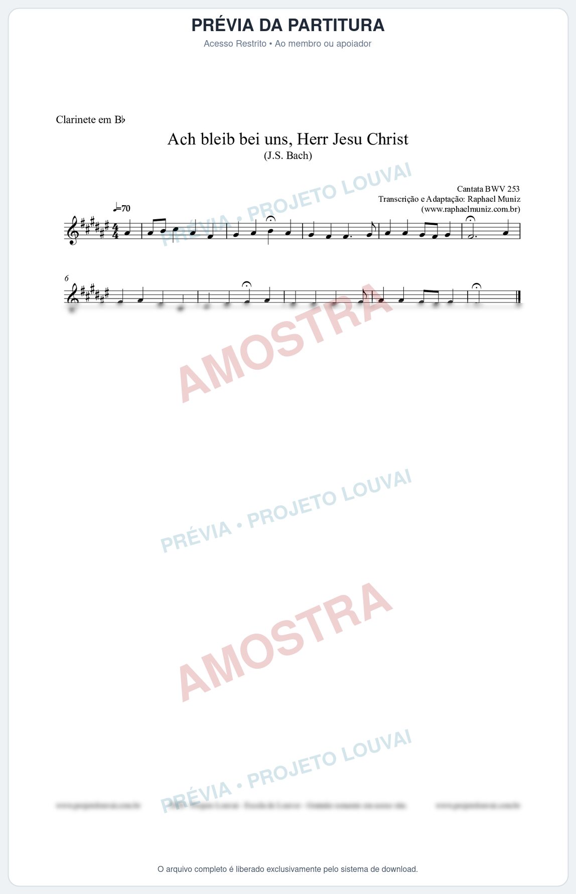 Prévia protegida da primeira página da partitura Partitura para Clarinete em Bb - Ach bleib bei uns, Herr Jesu Christ (BWV 253) (Tom E) - Johann Sebastian Bach