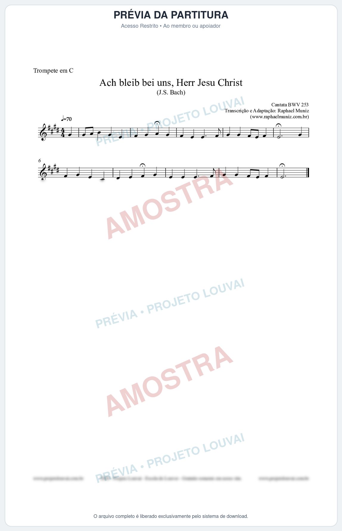 Prévia protegida da primeira página da partitura Partitura para Trompete em C - Ach bleib bei uns, Herr Jesu Christ (BWV 253) (Tom E) - Johann Sebastian Bach