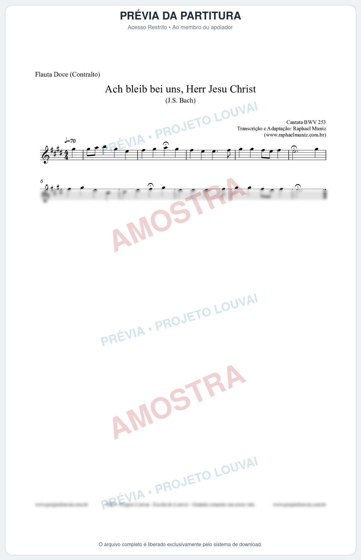 Prévia protegida da primeira página da partitura Partitura para Flauta Doce (Contralto) - Ach bleib bei uns, Herr Jesu Christ (BWV 253) (Tom E) - Johann Sebastian Bach
