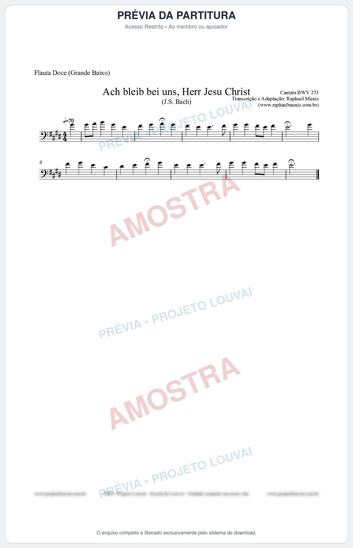 Prévia protegida da primeira página da partitura Partitura para Flauta Doce (Grande Baixo) - Ach bleib bei uns, Herr Jesu Christ (BWV 253) (Tom E) - Johann Sebastian Bach