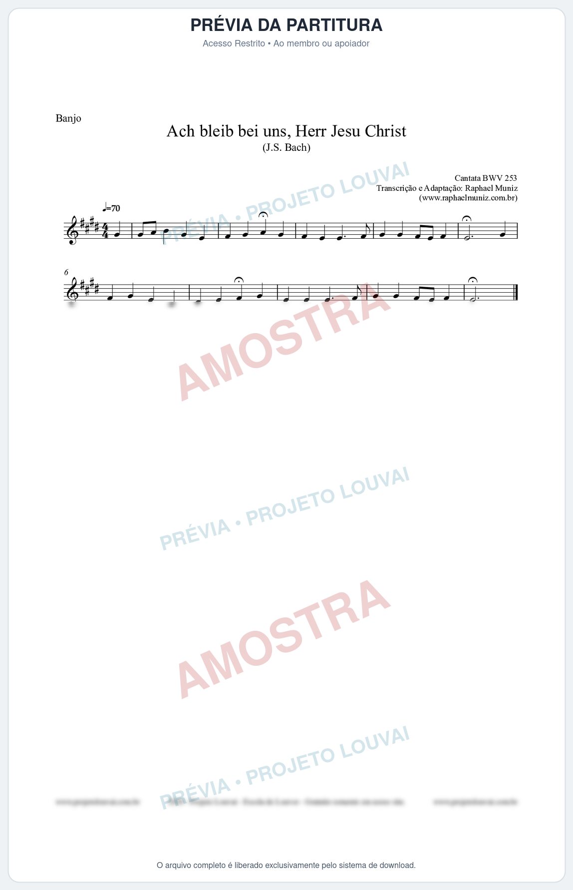 Prévia protegida da primeira página da partitura Partitura para Banjo - Ach bleib bei uns, Herr Jesu Christ (BWV 253) (Tom E) - Johann Sebastian Bach