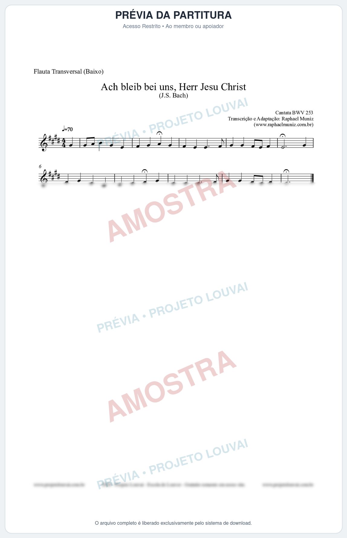 Prévia protegida da primeira página da partitura Partitura para Flauta Transversal (Baixo) - Ach bleib bei uns, Herr Jesu Christ (BWV 253) (Tom E) - Johann Sebastian Bach