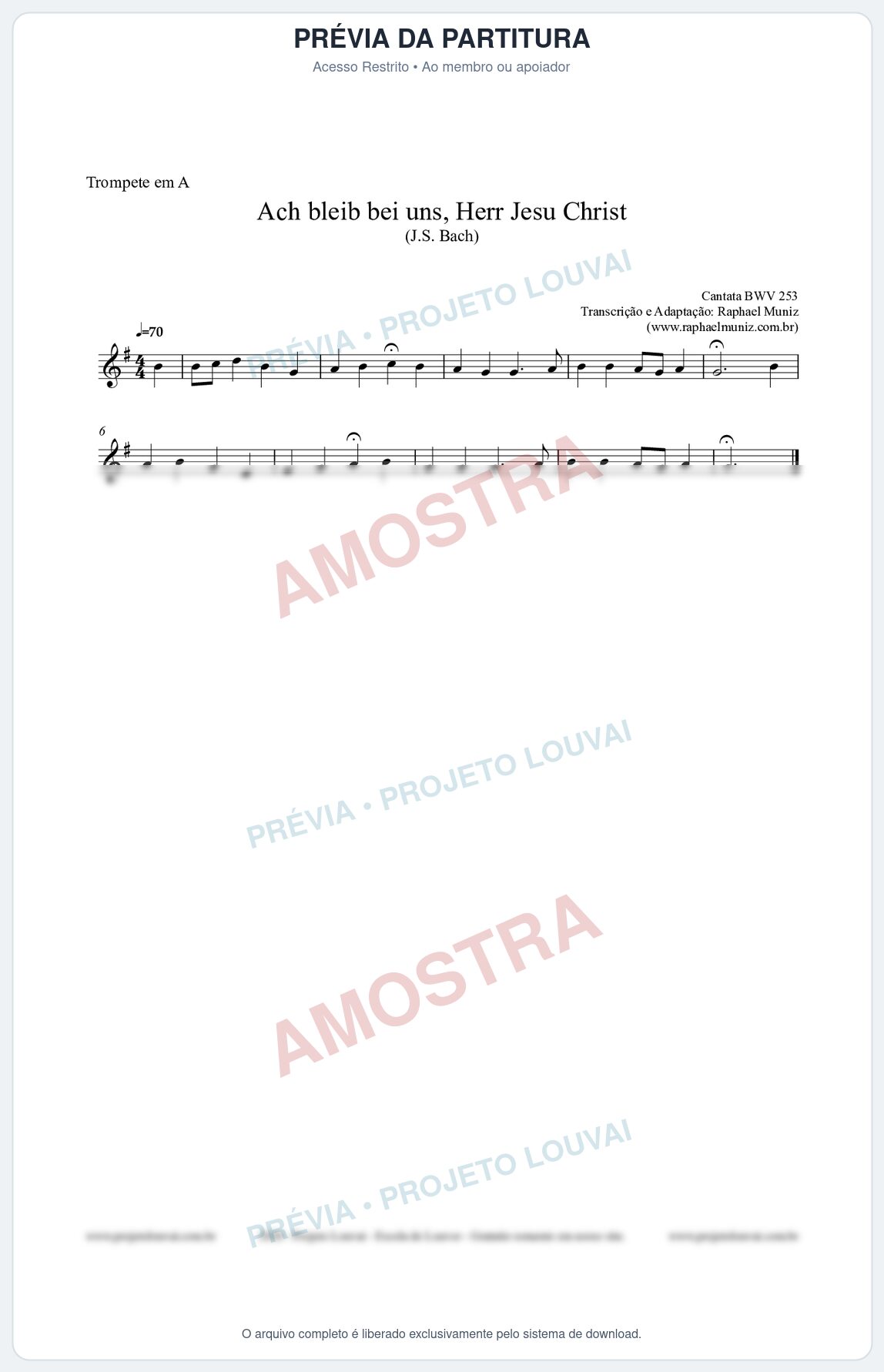 Prévia protegida da primeira página da partitura Partitura para Trompete em A - Ach bleib bei uns, Herr Jesu Christ (BWV 253) (Tom E) - Johann Sebastian Bach