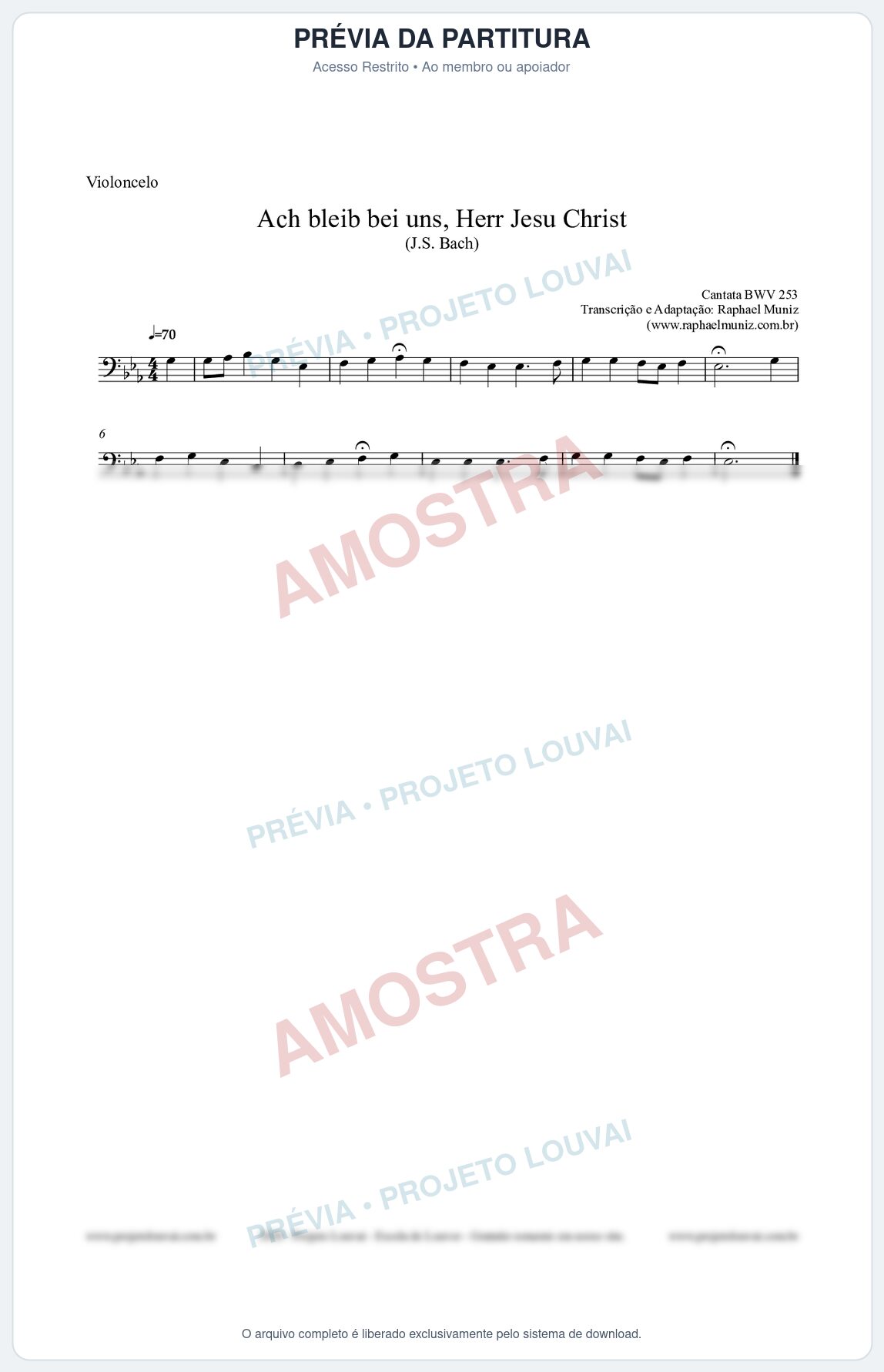 Prévia protegida da primeira página da partitura Partitura para Violoncelo - Ach bleib bei uns, Herr Jesu Christ (BWV 253) (Tom Eb) - Johann Sebastian Bach