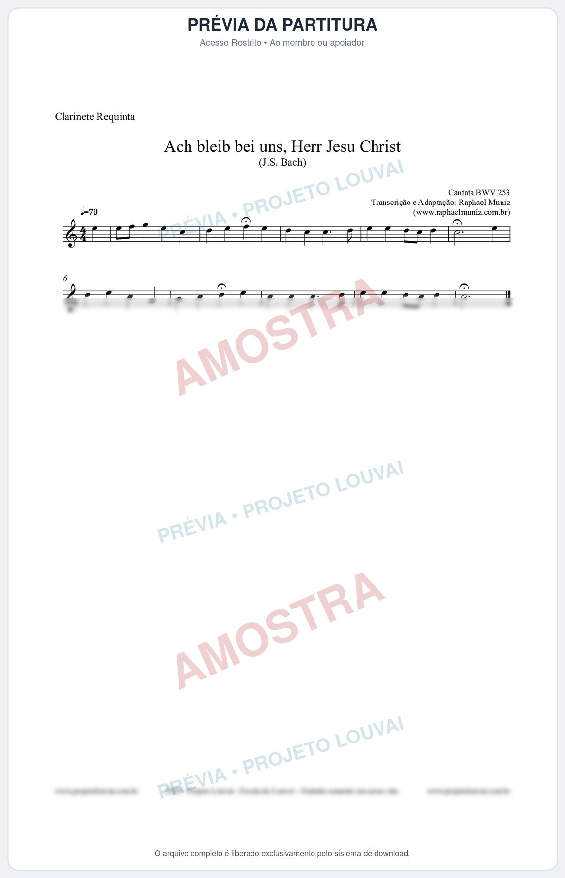 Prévia protegida da primeira página da partitura Partitura para Clarinete Requinta - Ach bleib bei uns, Herr Jesu Christ (BWV 253) (Tom Eb) - Johann Sebastian Bach
