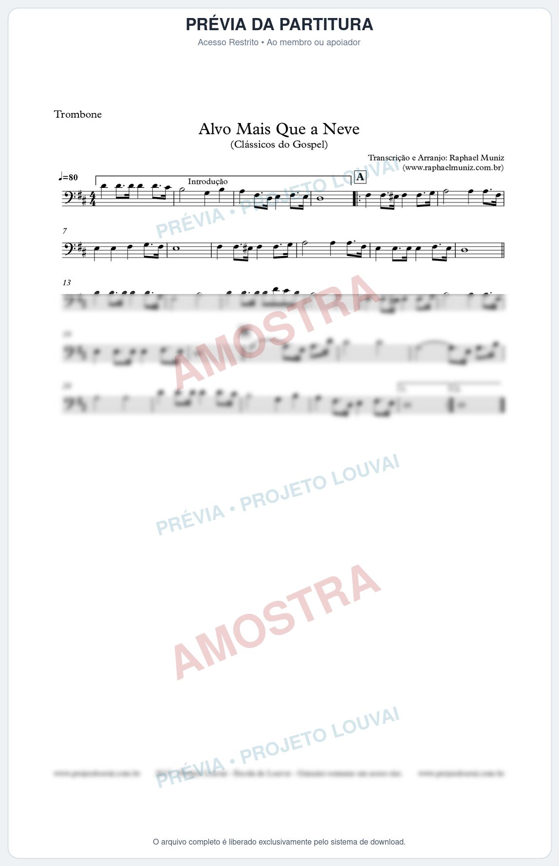 Prévia protegida da primeira página da partitura Partitura para Trombone - Alvo Mais que a Neve - Clássicos do Gospel
