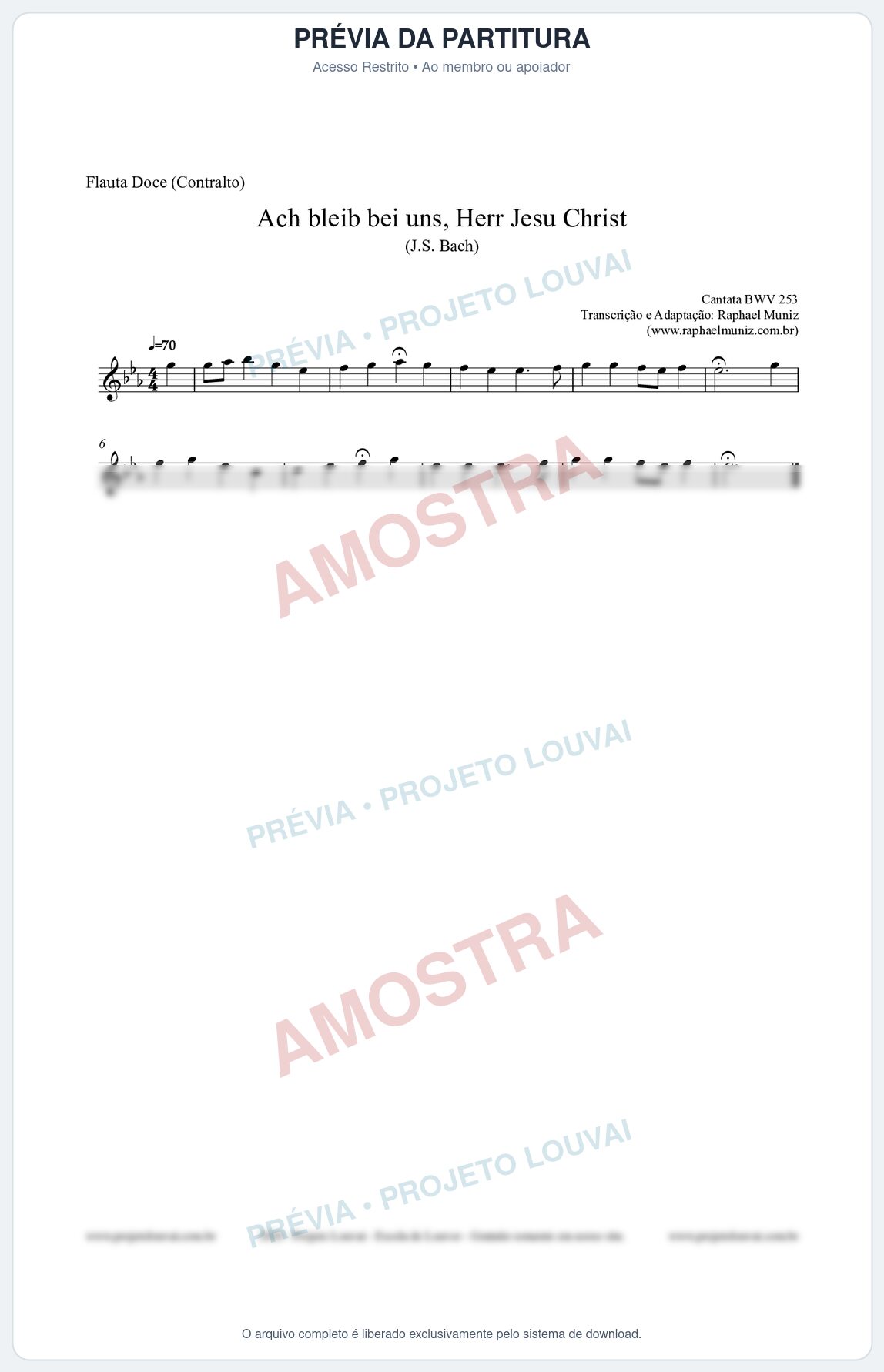 Prévia protegida da primeira página da partitura Partitura para Flauta Doce (Contralto) - Ach bleib bei uns, Herr Jesu Christ (BWV 253) (Tom Eb) - Johann Sebastian Bach