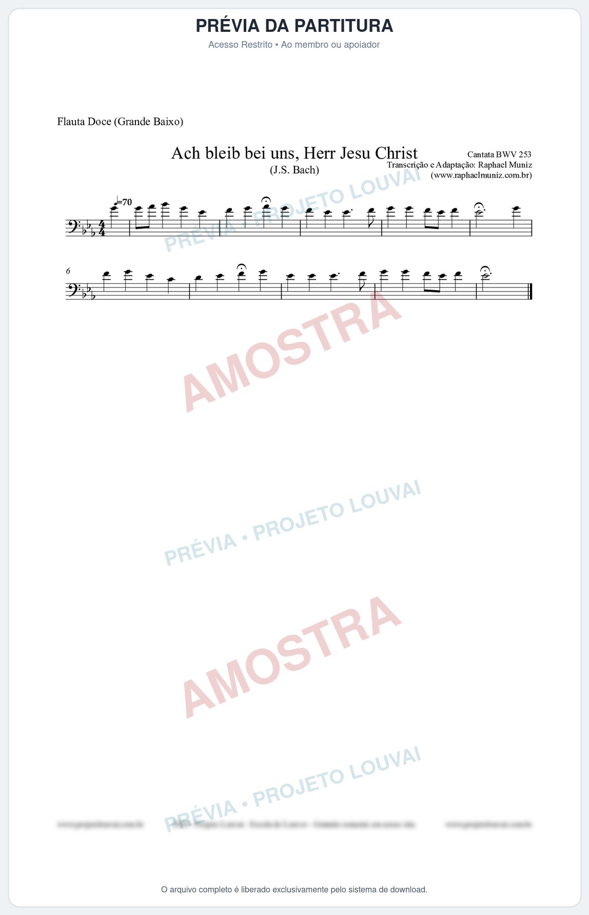 Prévia protegida da primeira página da partitura Partitura para Flauta Doce (Grande Baixo) - Ach bleib bei uns, Herr Jesu Christ (BWV 253) (Tom Eb) - Johann Sebastian Bach
