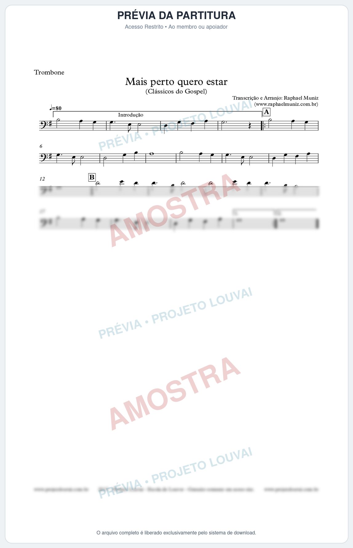 Prévia protegida da primeira página da partitura Partitura para Trombone - Mais perto quero estar - Clássicos do Gospel