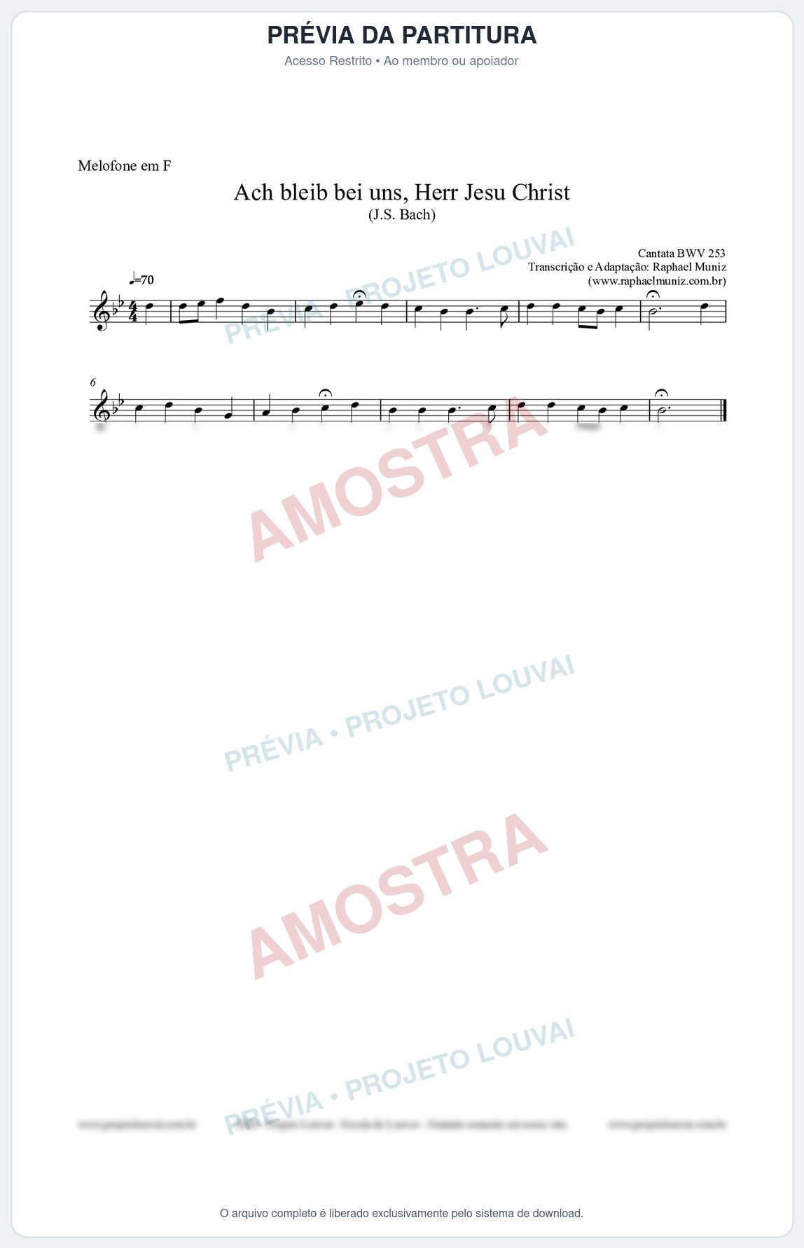 Prévia protegida da primeira página da partitura Partitura para Melofone em F - Ach bleib bei uns, Herr Jesu Christ (BWV 253) (Tom Eb) - Johann Sebastian Bach