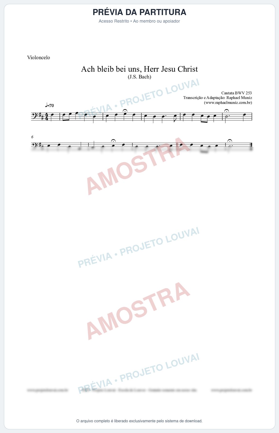 Prévia protegida da primeira página da partitura Partitura para Violoncelo - Ach bleib bei uns, Herr Jesu Christ (BWV 253) (Tom D) - Johann Sebastian Bach
