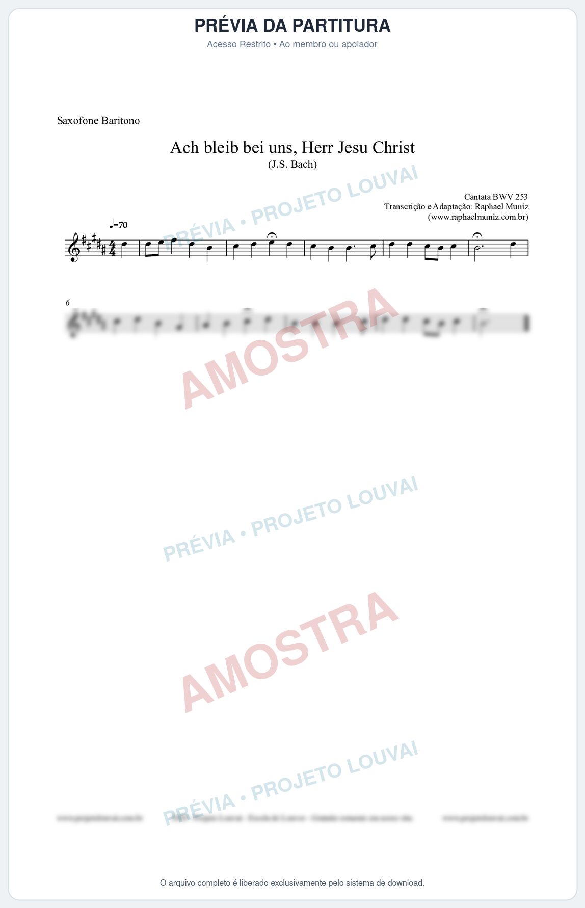 Prévia protegida da primeira página da partitura Partitura para Saxofone Barítono - Ach bleib bei uns, Herr Jesu Christ (BWV 253) (Tom D) - Johann Sebastian Bach