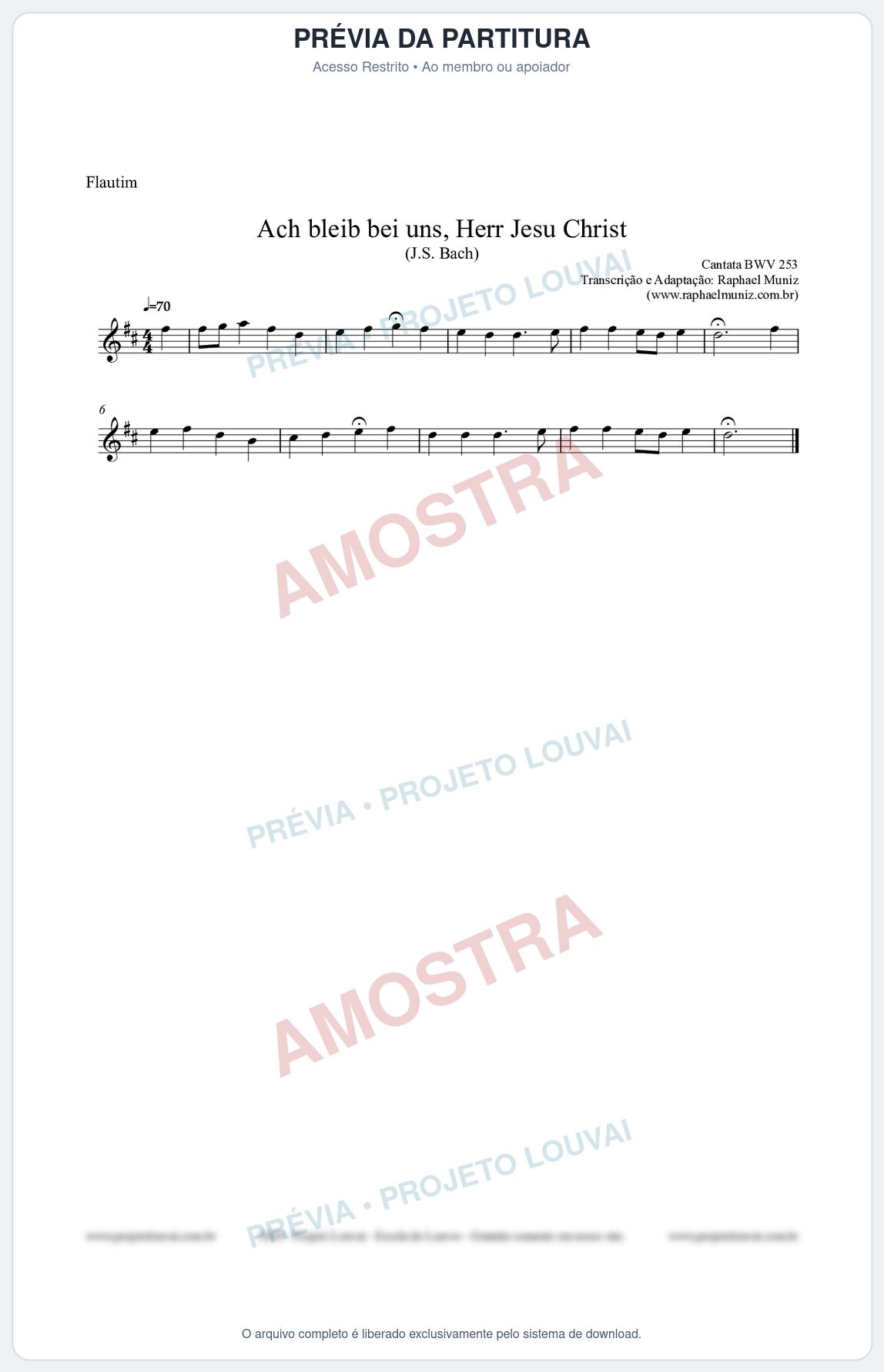 Prévia protegida da primeira página da partitura Partitura para Flautim - Ach bleib bei uns, Herr Jesu Christ (BWV 253) (Tom D) - Johann Sebastian Bach