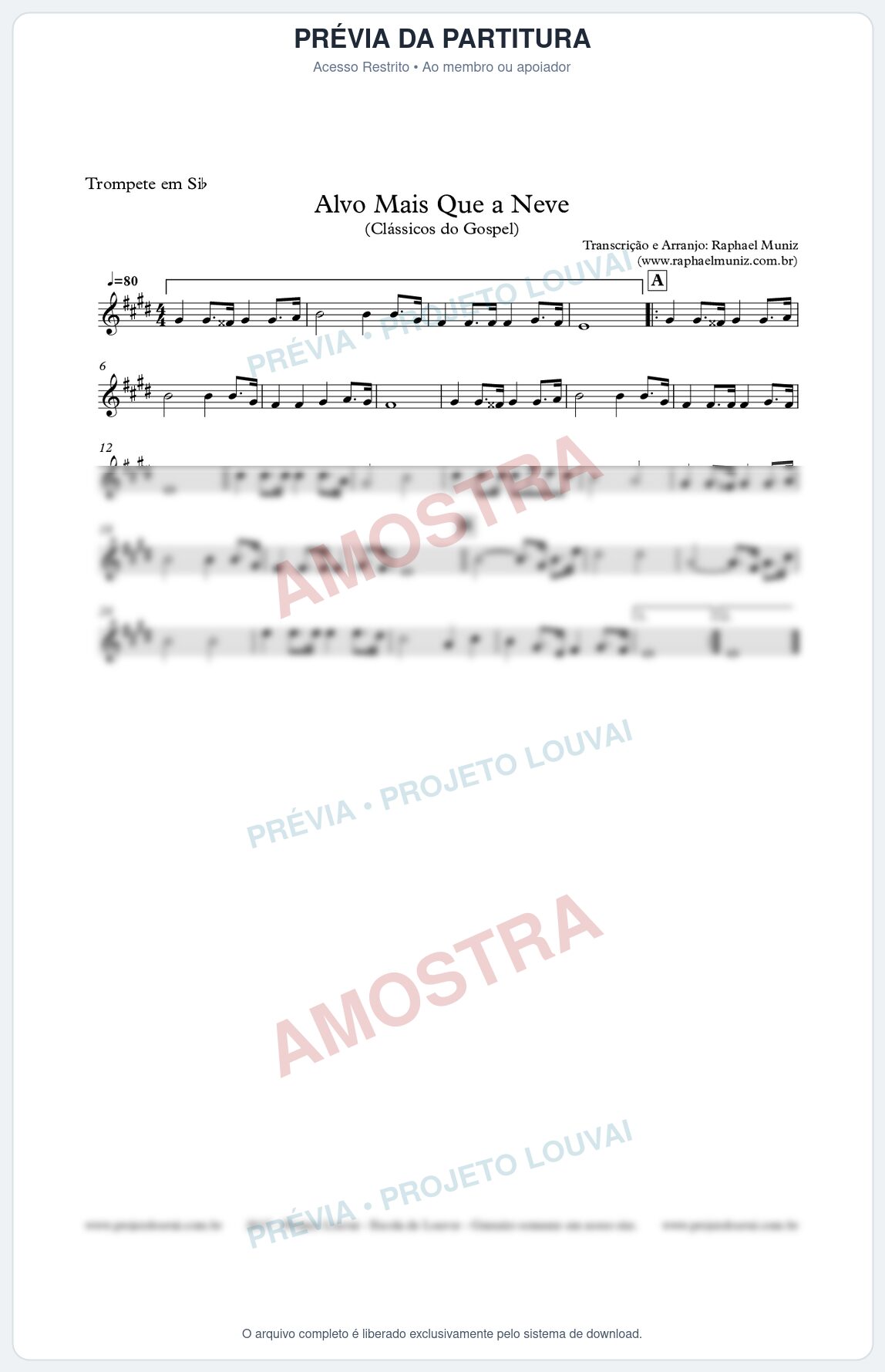 Prévia protegida da primeira página da partitura Partitura para Trompete - Alvo Mais que a Neve - Clássicos do Gospel