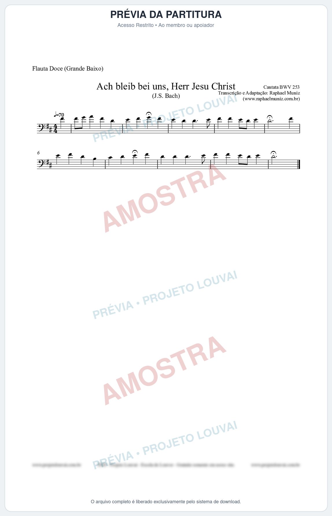 Prévia protegida da primeira página da partitura Partitura para Flauta Doce (Grande Baixo) - Ach bleib bei uns, Herr Jesu Christ (BWV 253) (Tom D) - Johann Sebastian Bach