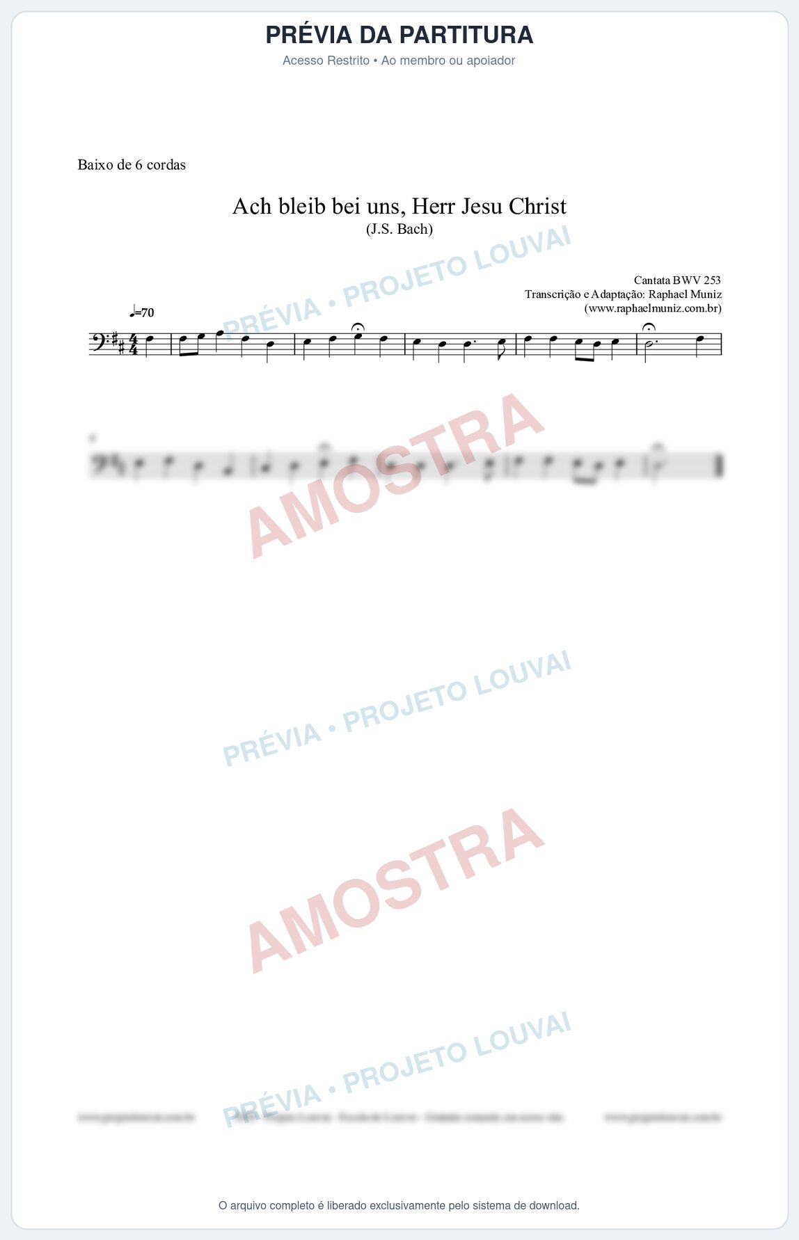 Prévia protegida da primeira página da partitura Partitura para Baixo de 6 cordas - Ach bleib bei uns, Herr Jesu Christ (BWV 253) (Tom D) - Johann Sebastian Bach