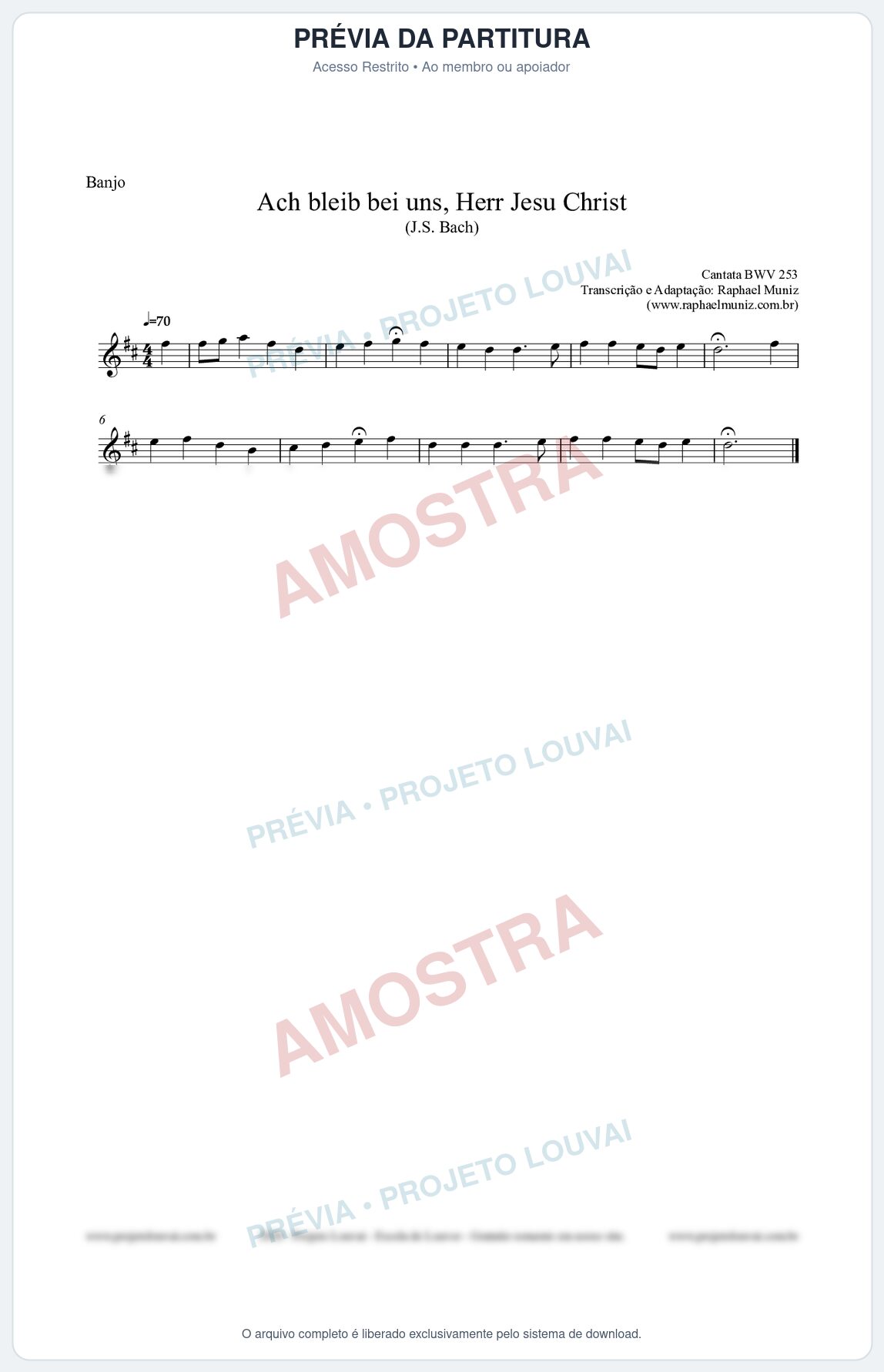 Prévia protegida da primeira página da partitura Partitura para Banjo - Ach bleib bei uns, Herr Jesu Christ (BWV 253) (Tom D) - Johann Sebastian Bach