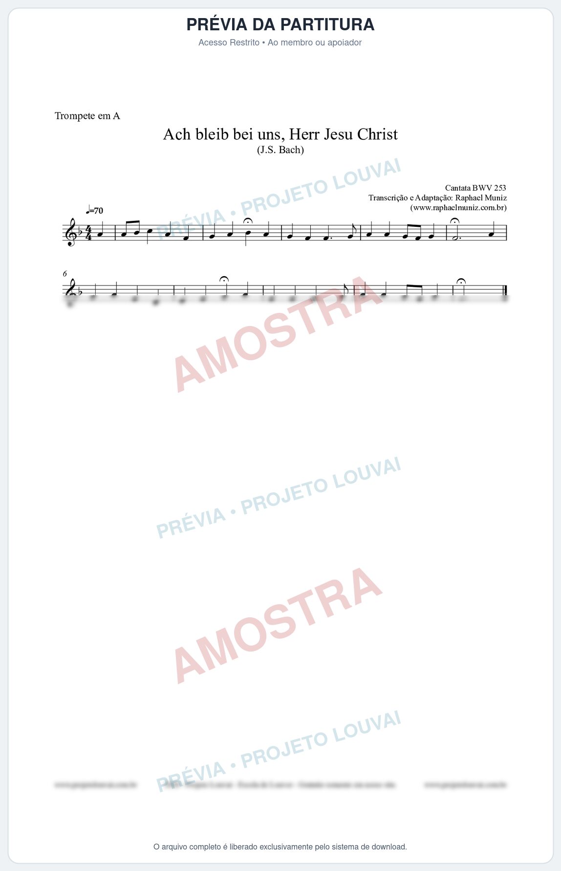 Prévia protegida da primeira página da partitura Partitura para Trompete em A - Ach bleib bei uns, Herr Jesu Christ (BWV 253) (Tom D) - Johann Sebastian Bach