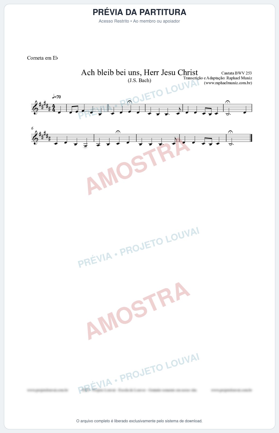 Prévia protegida da primeira página da partitura Partitura para Corneta em Eb - Ach bleib bei uns, Herr Jesu Christ (BWV 253) (Tom D) - Johann Sebastian Bach