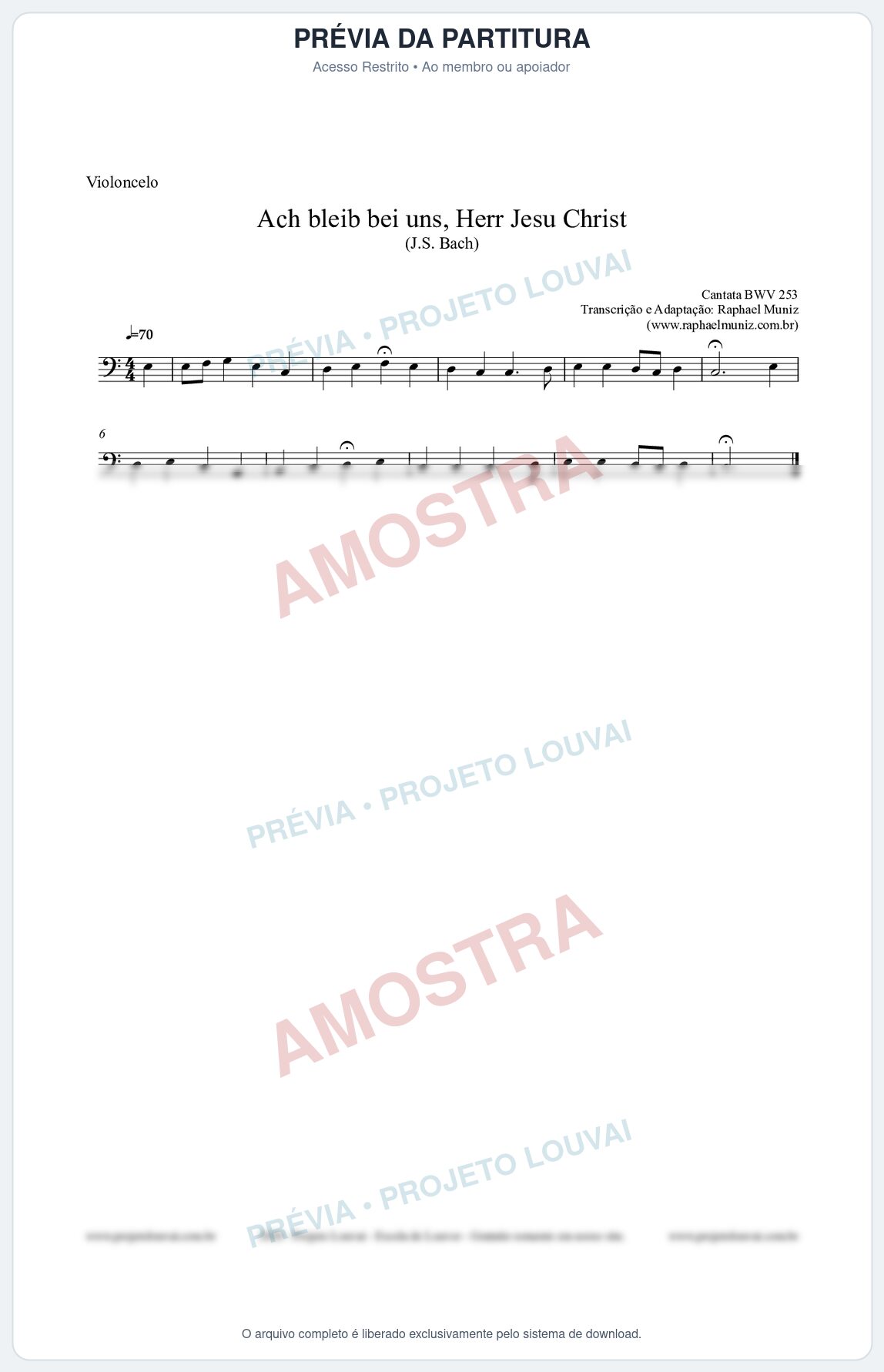 Prévia protegida da primeira página da partitura Partitura para Violoncelo - Ach bleib bei uns, Herr Jesu Christ (BWV 253) (Tom C) - Johann Sebastian Bach