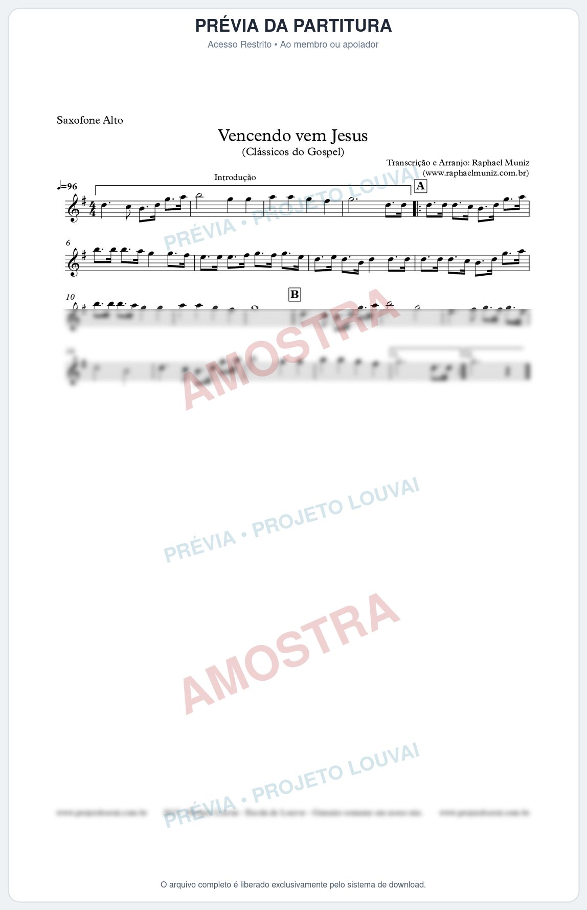 Prévia protegida da primeira página da partitura Partitura para Sax Alto - Vencendo vem Jesus - Clássicos do Gospel
