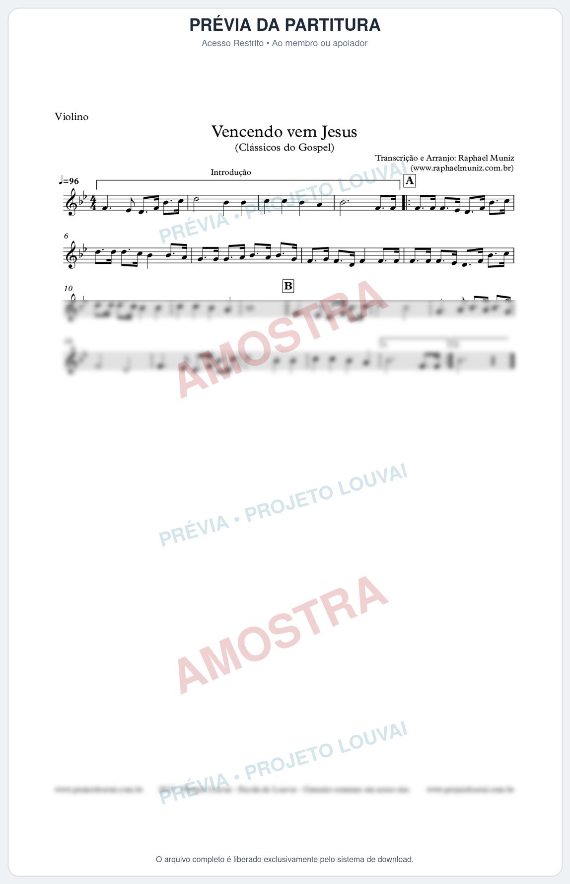 Prévia protegida da primeira página da partitura Partitura para Violino - Vencendo vem Jesus - Clássicos do Gospel