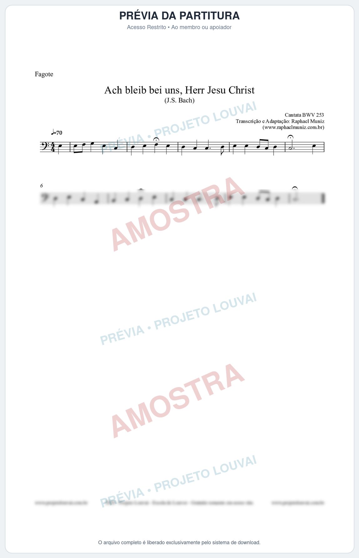 Prévia protegida da primeira página da partitura Partitura para Fagote - Ach bleib bei uns, Herr Jesu Christ (BWV 253) (Tom C) - Johann Sebastian Bach