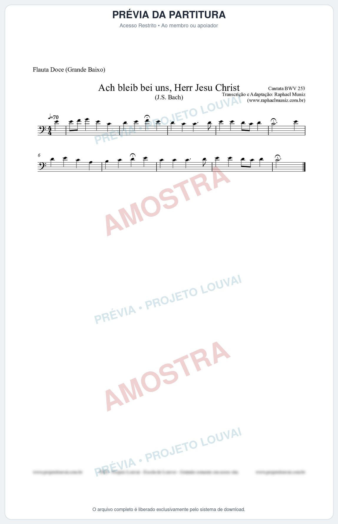 Prévia protegida da primeira página da partitura Partitura para Flauta Doce (Grande Baixo) - Ach bleib bei uns, Herr Jesu Christ (BWV 253) (Tom C) - Johann Sebastian Bach