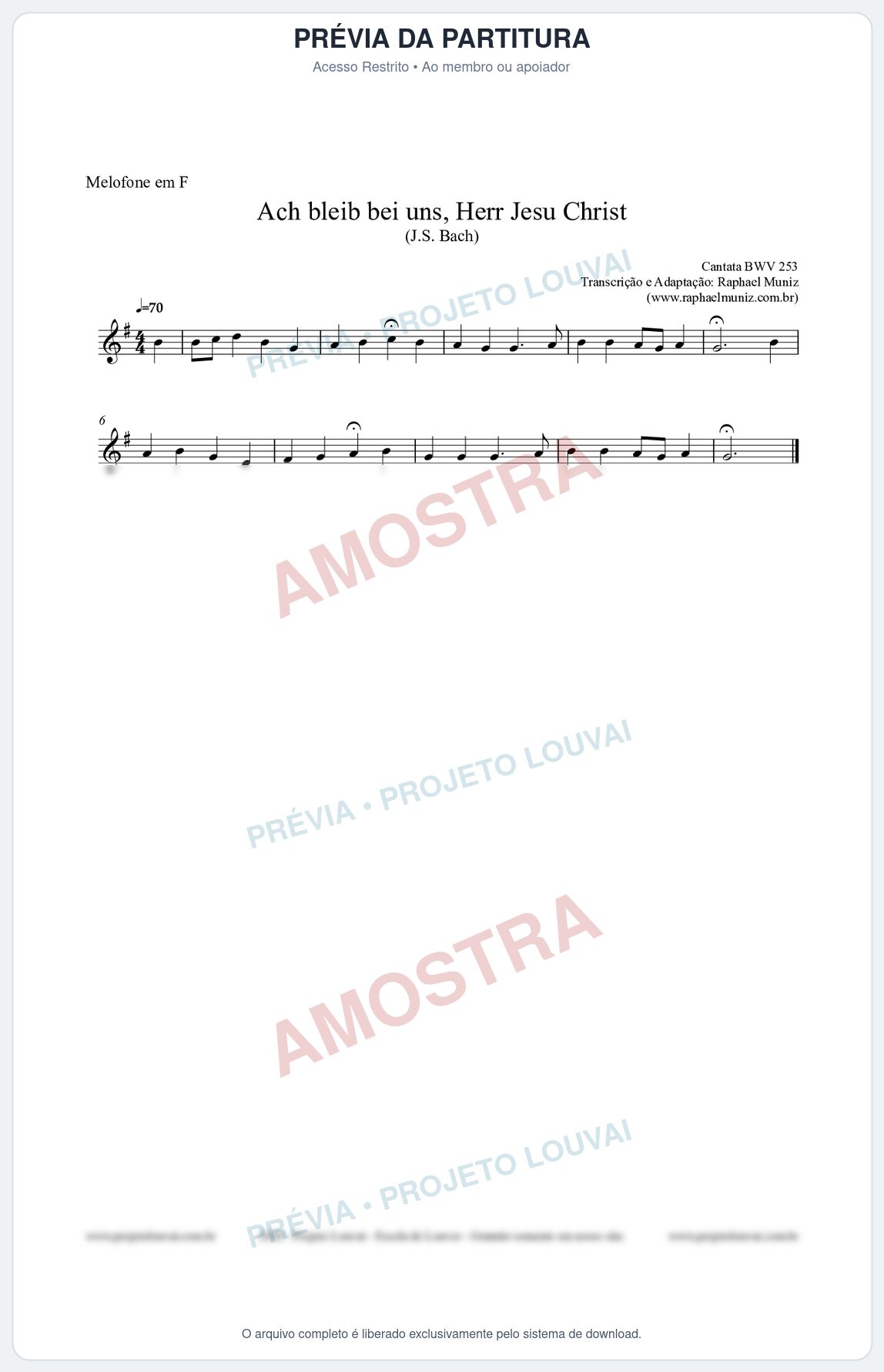 Prévia protegida da primeira página da partitura Partitura para Melofone em F - Ach bleib bei uns, Herr Jesu Christ (BWV 253) (Tom C) - Johann Sebastian Bach