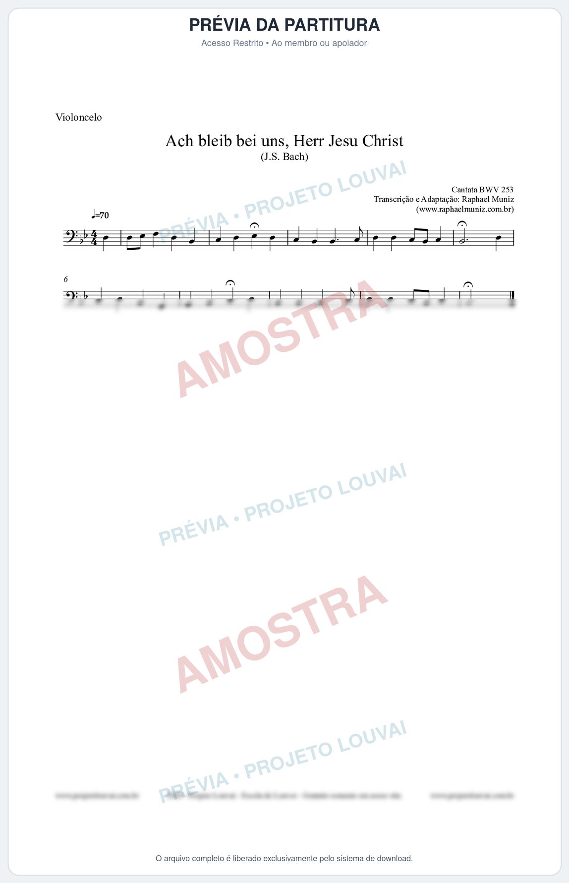 Prévia protegida da primeira página da partitura Partitura para Violoncelo - Ach bleib bei uns, Herr Jesu Christ (BWV 253) (Tom Bb) - Johann Sebastian Bach