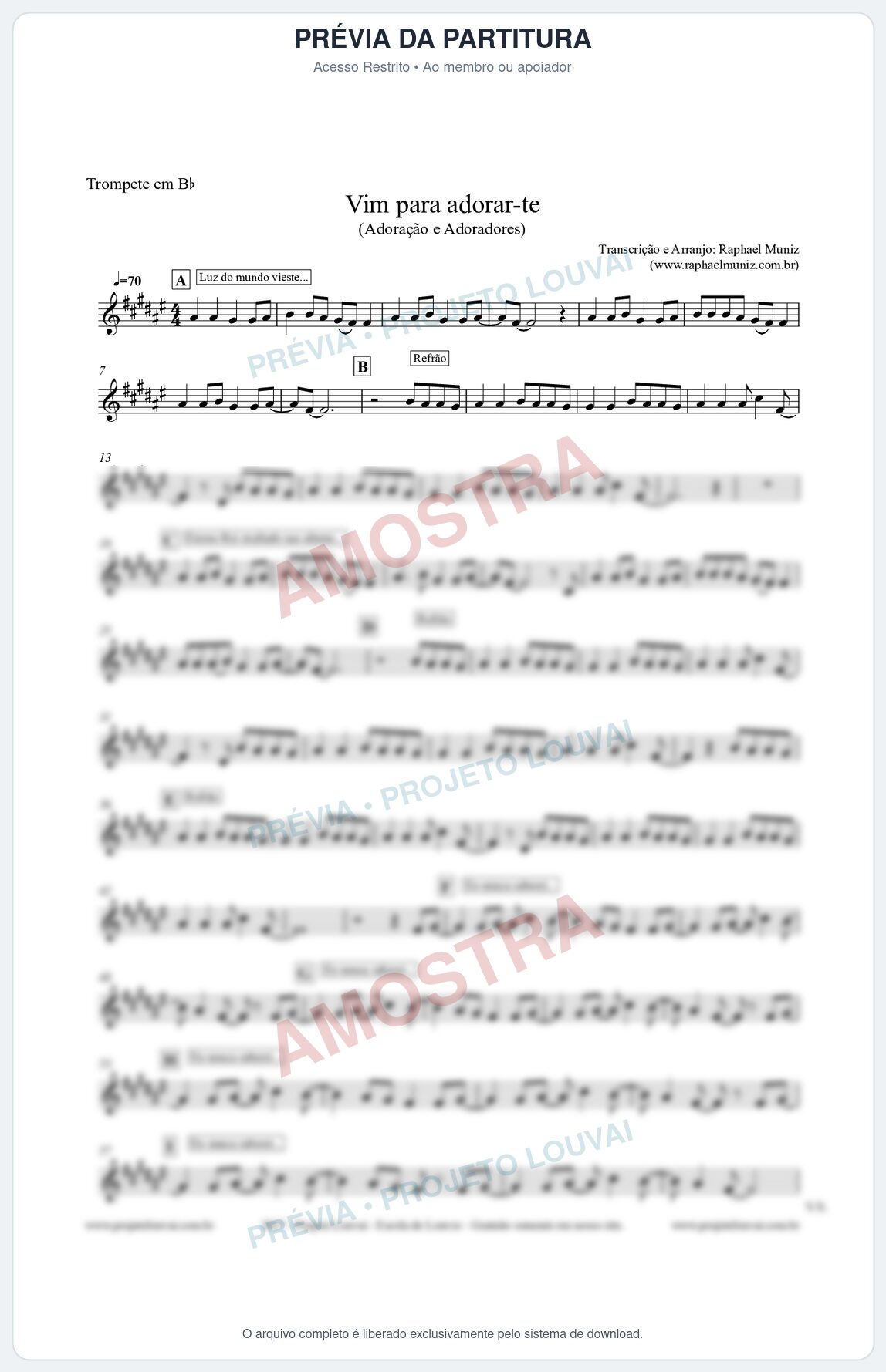 Prévia protegida da primeira página da partitura Partitura para Trompete - Vim para Adorar-te - Adoração e Adoradores