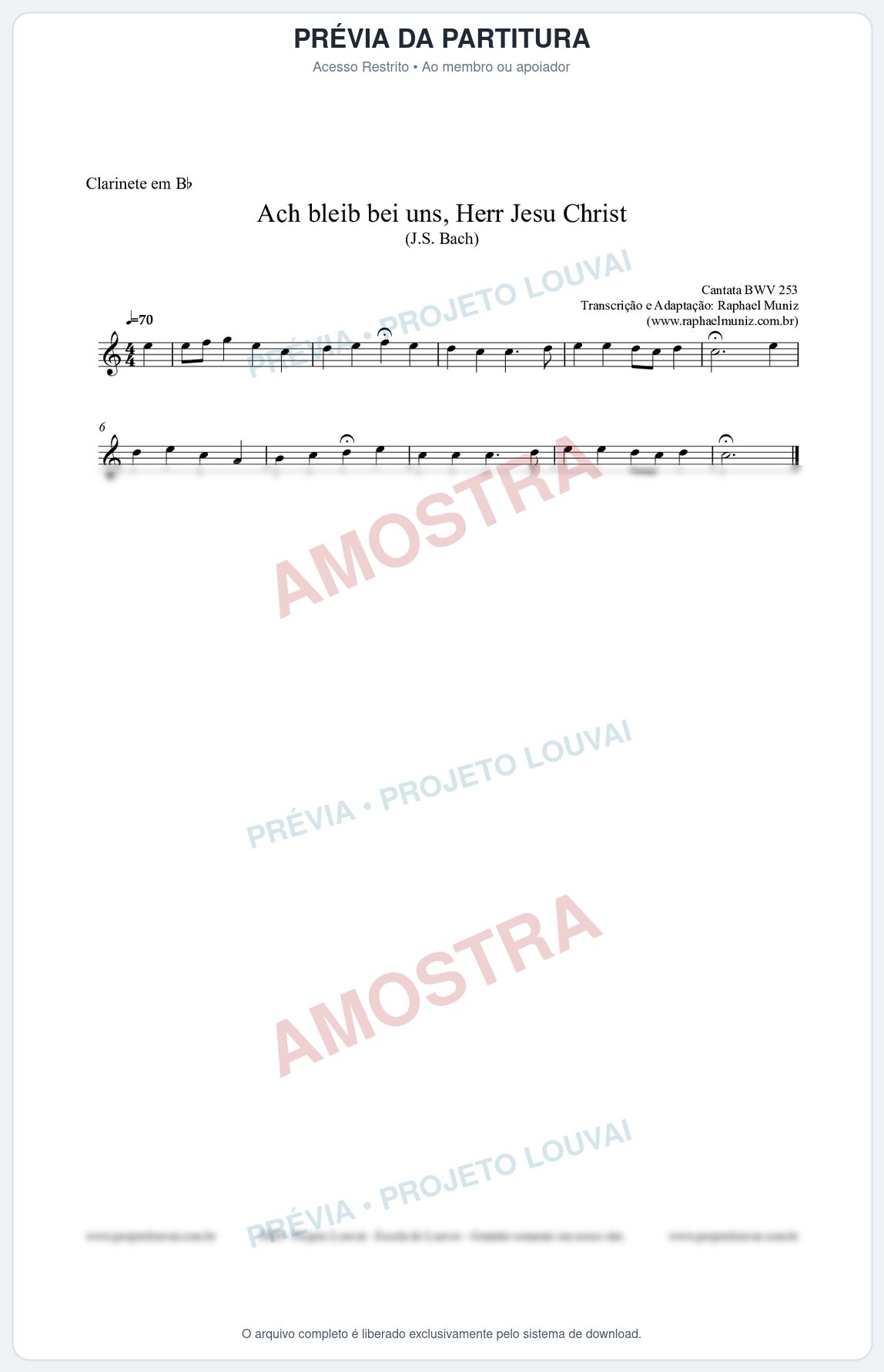 Prévia protegida da primeira página da partitura Partitura para Clarinete em Bb - Ach bleib bei uns, Herr Jesu Christ (BWV 253) (Tom Bb) - Johann Sebastian Bach