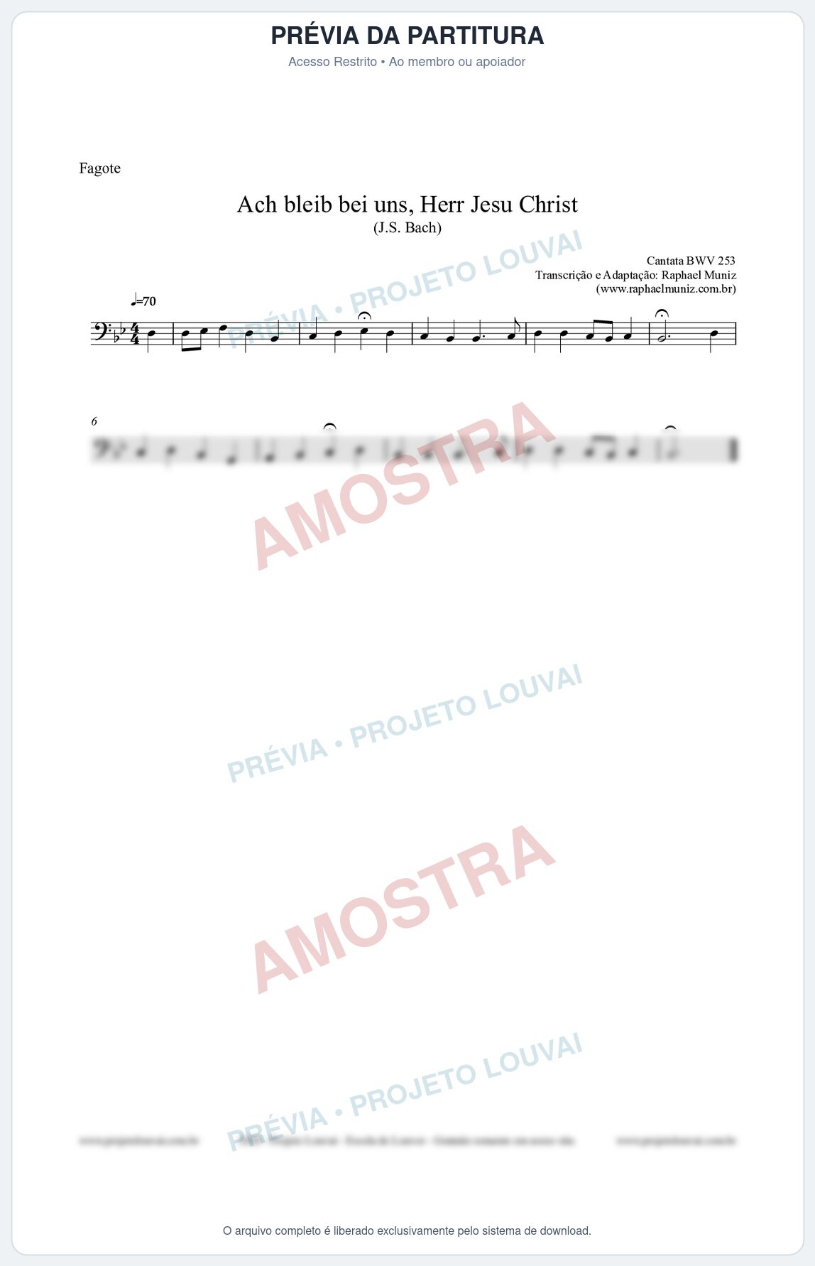 Prévia protegida da primeira página da partitura Partitura para Fagote - Ach bleib bei uns, Herr Jesu Christ (BWV 253) (Tom Bb) - Johann Sebastian Bach