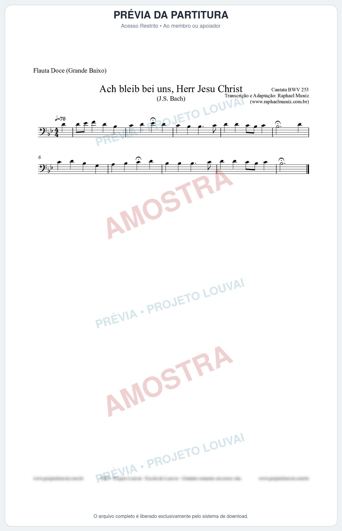 Prévia protegida da primeira página da partitura Partitura para Flauta Doce (Grande Baixo) - Ach bleib bei uns, Herr Jesu Christ (BWV 253) (Tom Bb) - Johann Sebastian Bach