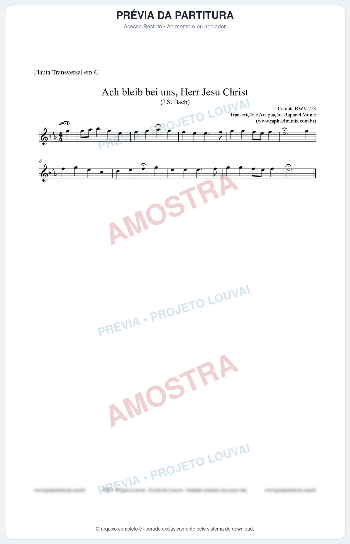 Prévia protegida da primeira página da partitura Partitura para Flauta Transversal em G - Ach bleib bei uns, Herr Jesu Christ (BWV 253) (Tom Bb) - Johann Sebastian Bach