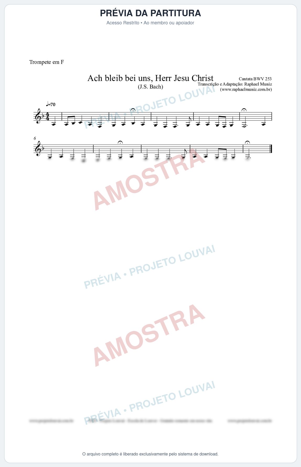 Prévia protegida da primeira página da partitura Partitura para Trompete em F - Ach bleib bei uns, Herr Jesu Christ (BWV 253) (Tom Bb) - Johann Sebastian Bach