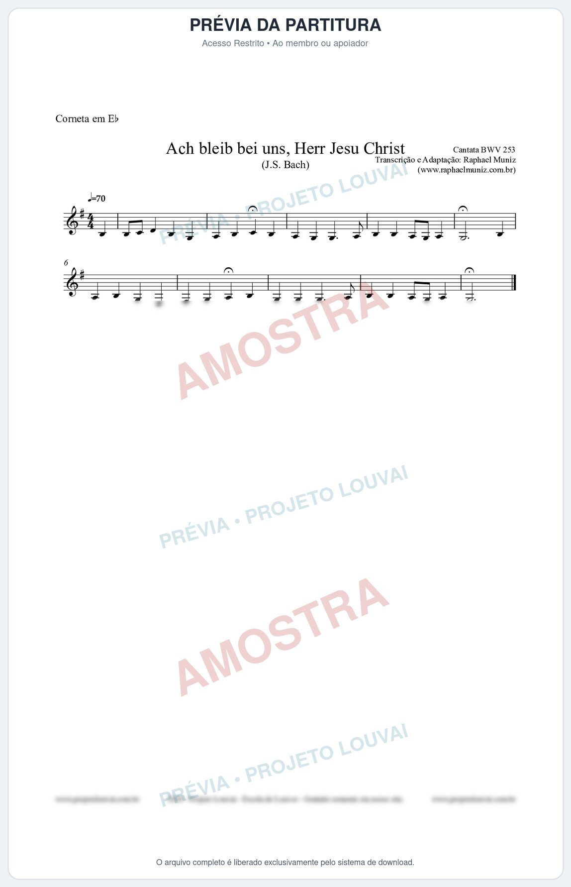 Prévia protegida da primeira página da partitura Partitura para Corneta em Eb - Ach bleib bei uns, Herr Jesu Christ (BWV 253) (Tom Bb) - Johann Sebastian Bach