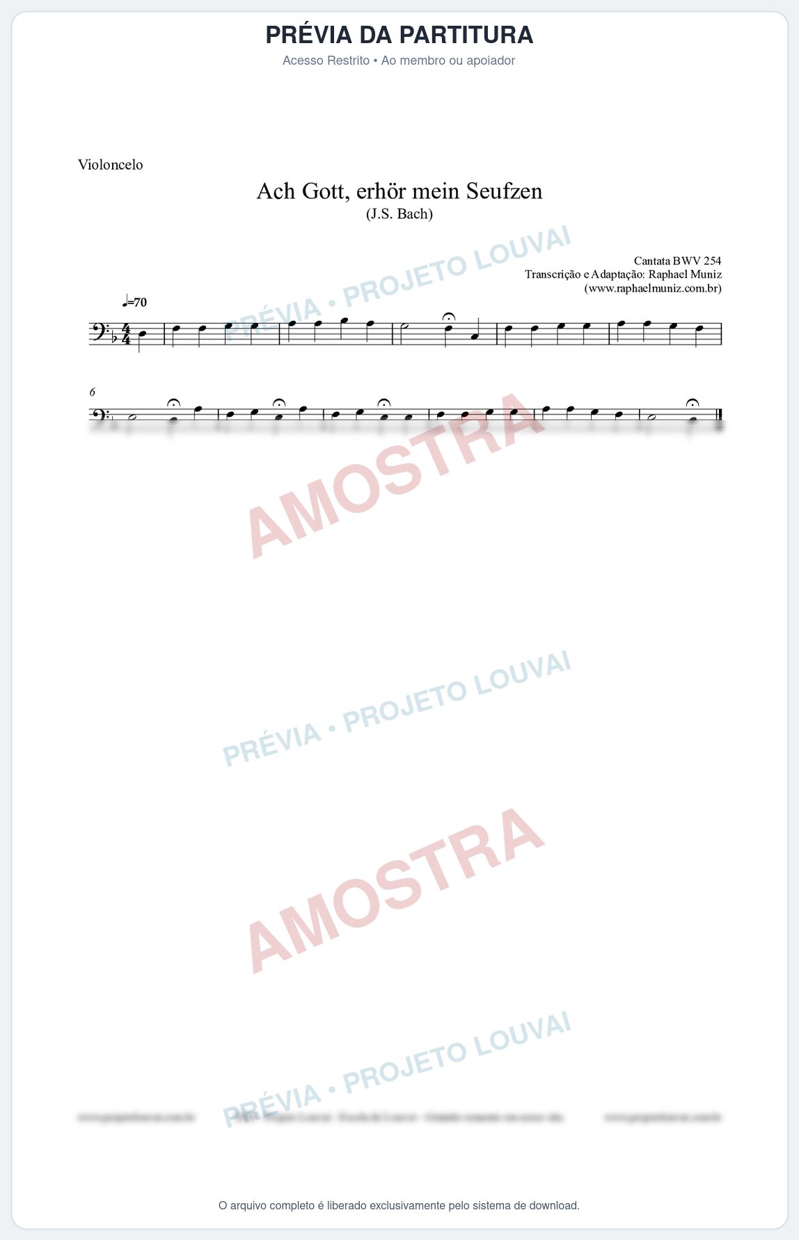 Prévia protegida da primeira página da partitura Partitura para Violoncelo - Ach Gott, erhör mein Seufzen (BWV 254) (Tom Dm) - Johann Sebastian Bach