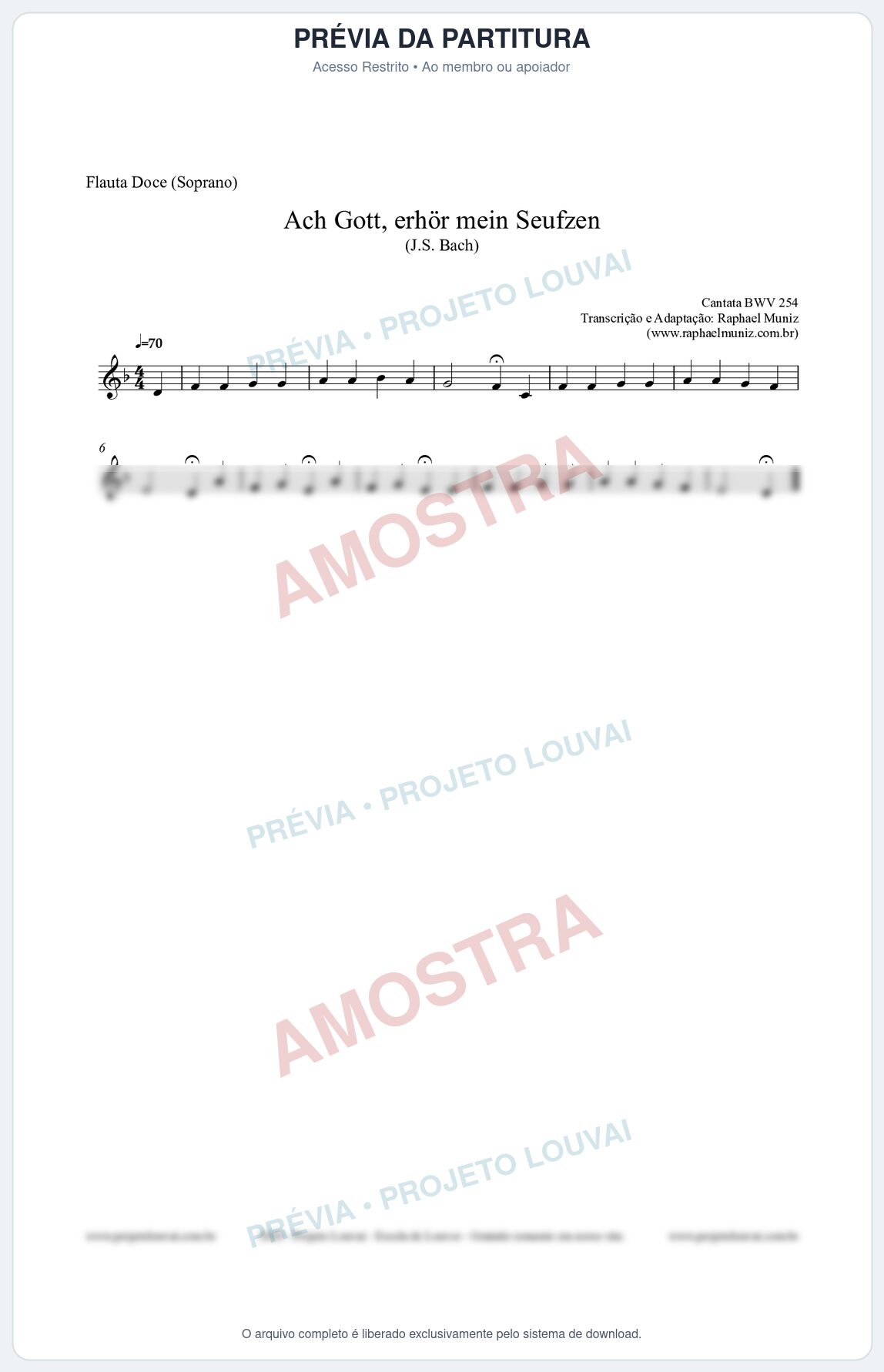 Prévia protegida da primeira página da partitura Partitura para Flauta Doce (Soprano) - Ach Gott, erhör mein Seufzen (BWV 254) (Tom Dm) - Johann Sebastian Bach