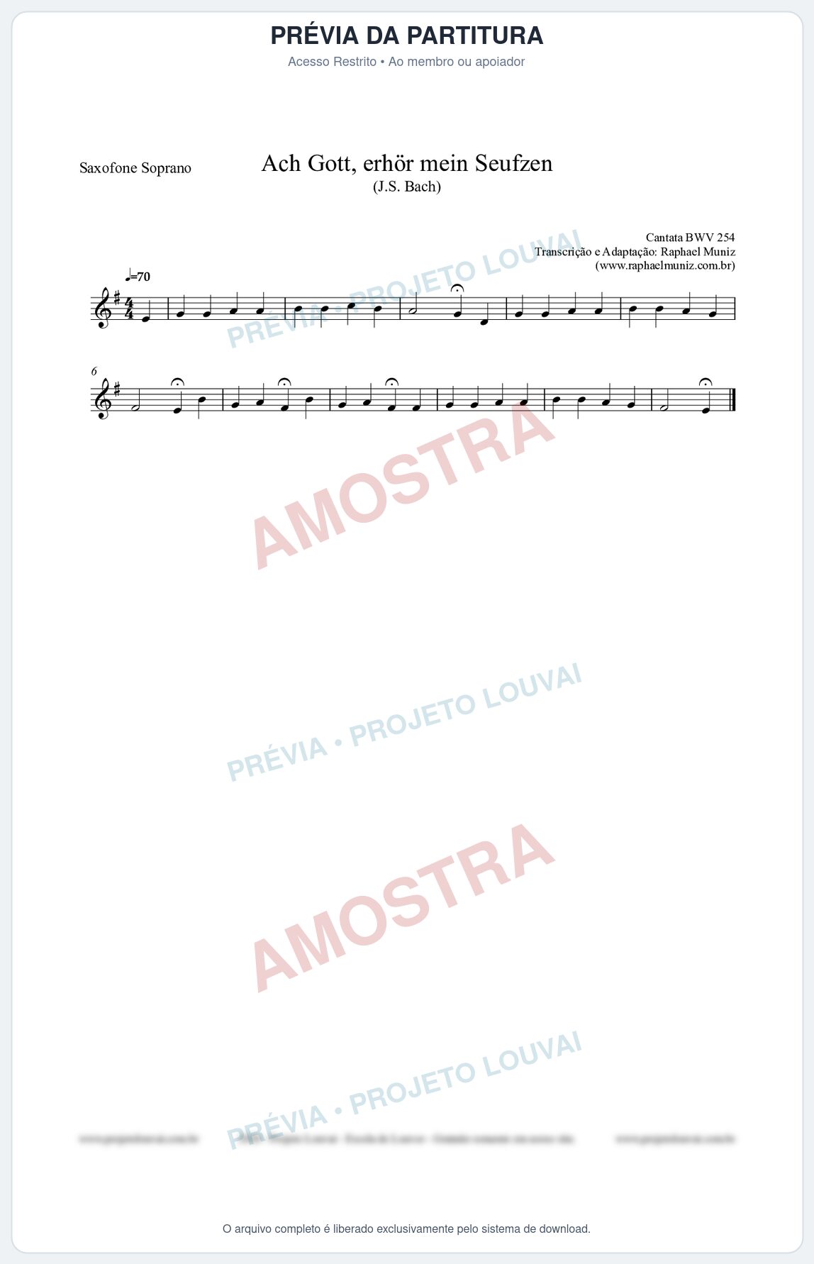 Prévia protegida da primeira página da partitura Partitura para Saxofone Soprano - Ach Gott, erhör mein Seufzen (BWV 254) (Tom Dm) - Johann Sebastian Bach