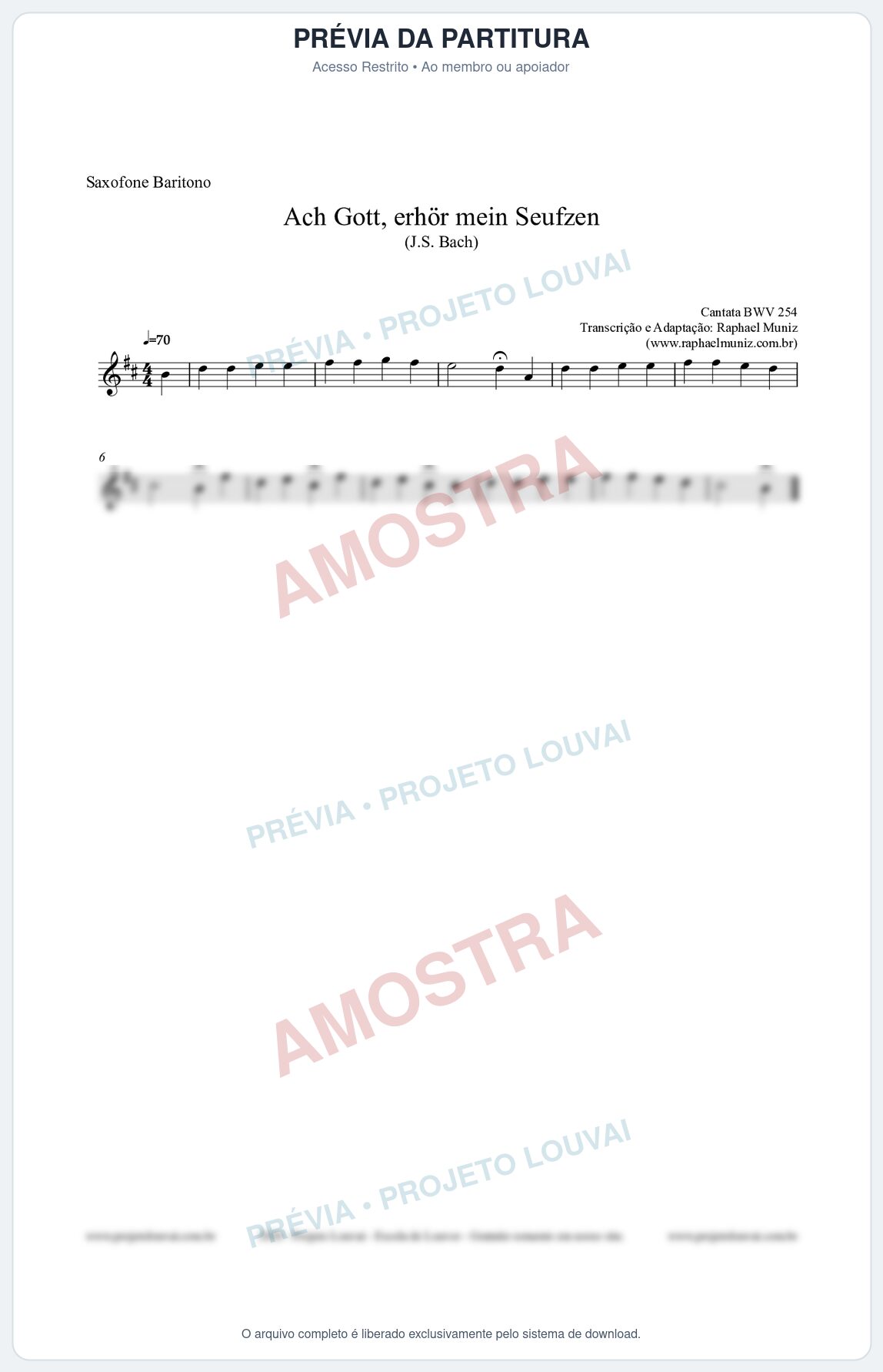 Prévia protegida da primeira página da partitura Partitura para Saxofone Barítono - Ach Gott, erhör mein Seufzen (BWV 254) (Tom Dm) - Johann Sebastian Bach