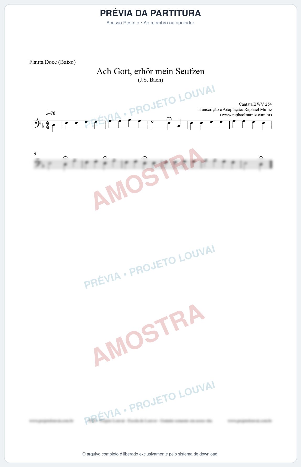 Prévia protegida da primeira página da partitura Partitura para Flauta Doce (Baixo) - Ach Gott, erhör mein Seufzen (BWV 254) (Tom Dm) - Johann Sebastian Bach