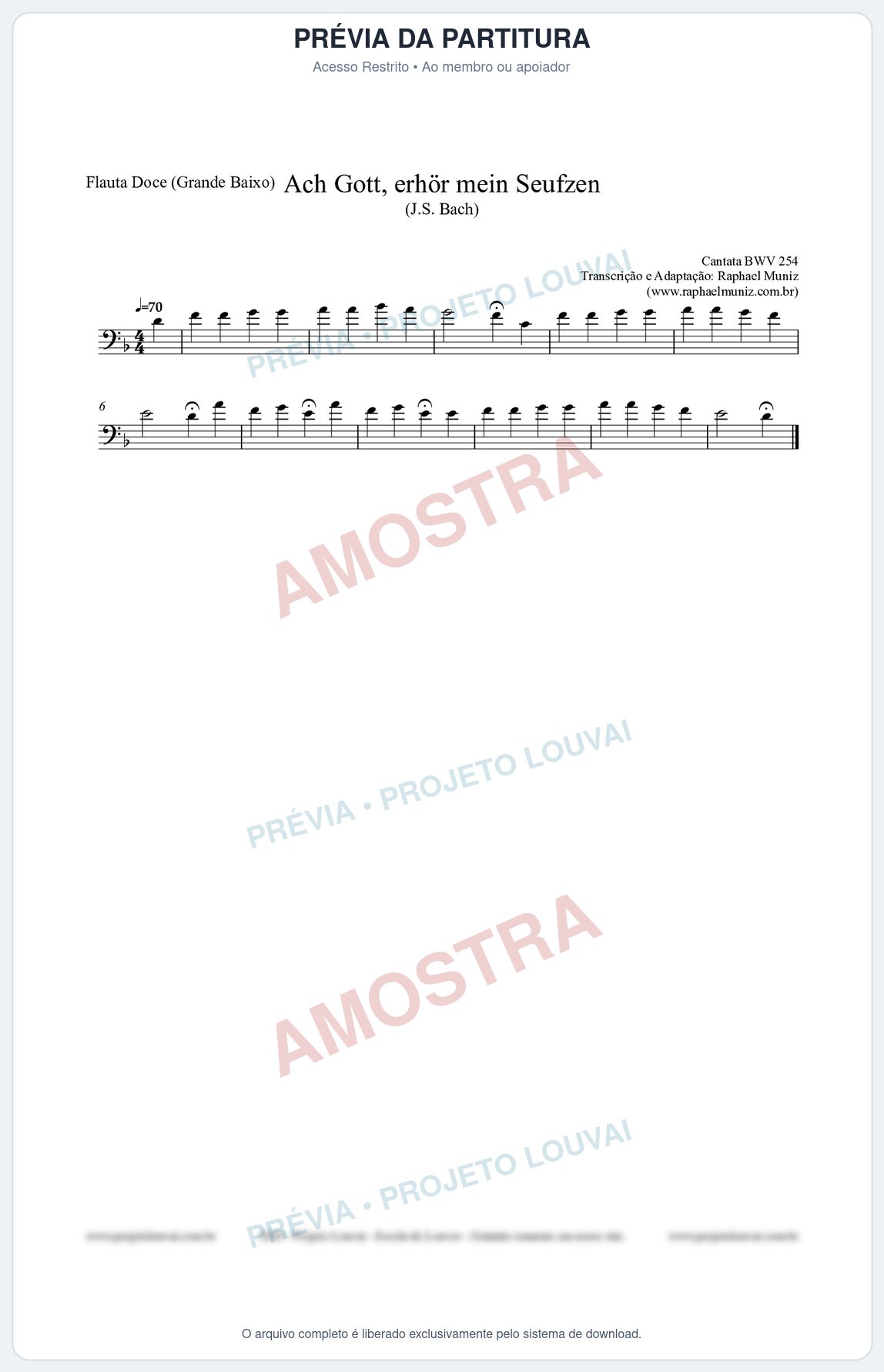 Prévia protegida da primeira página da partitura Partitura para Flauta Doce (Grande Baixo) - Ach Gott, erhör mein Seufzen (BWV 254) (Tom Dm) - Johann Sebastian Bach