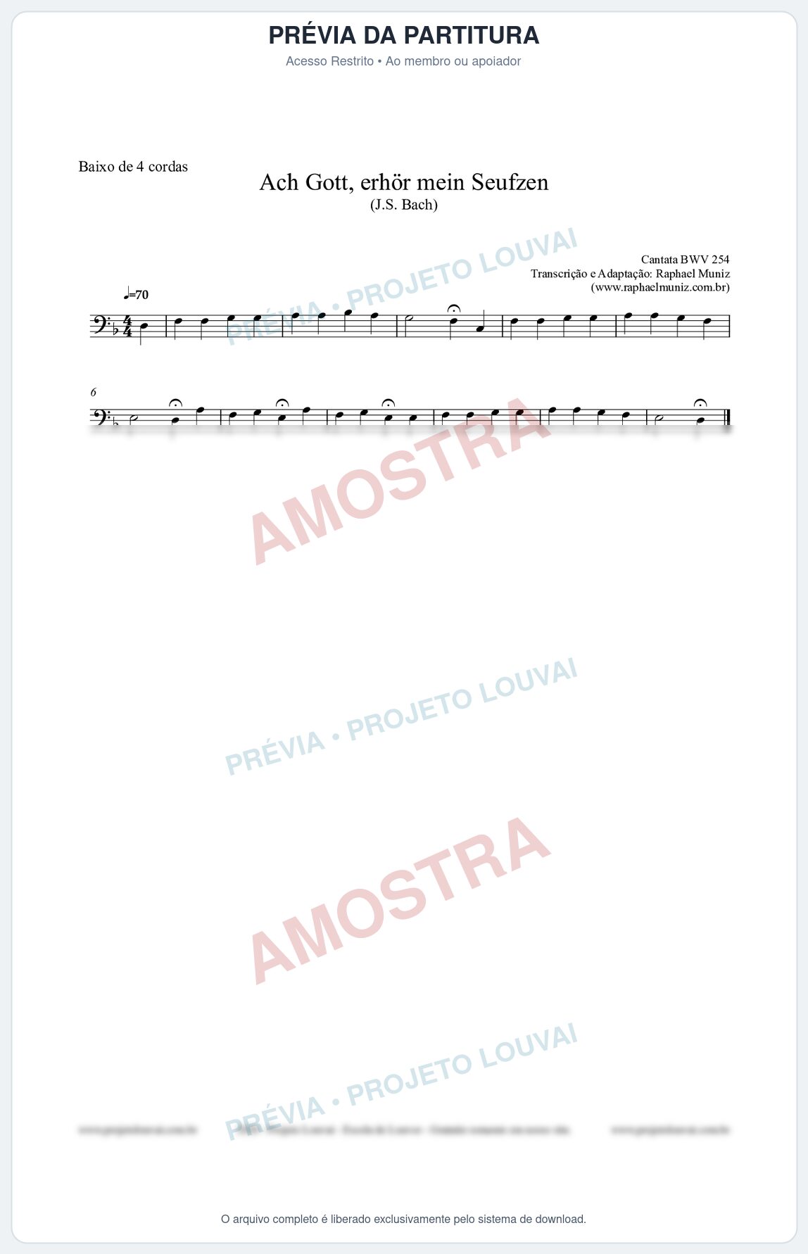 Prévia protegida da primeira página da partitura Partitura para Baixo de 4 cordas - Ach Gott, erhör mein Seufzen (BWV 254) (Tom Dm) - Johann Sebastian Bach