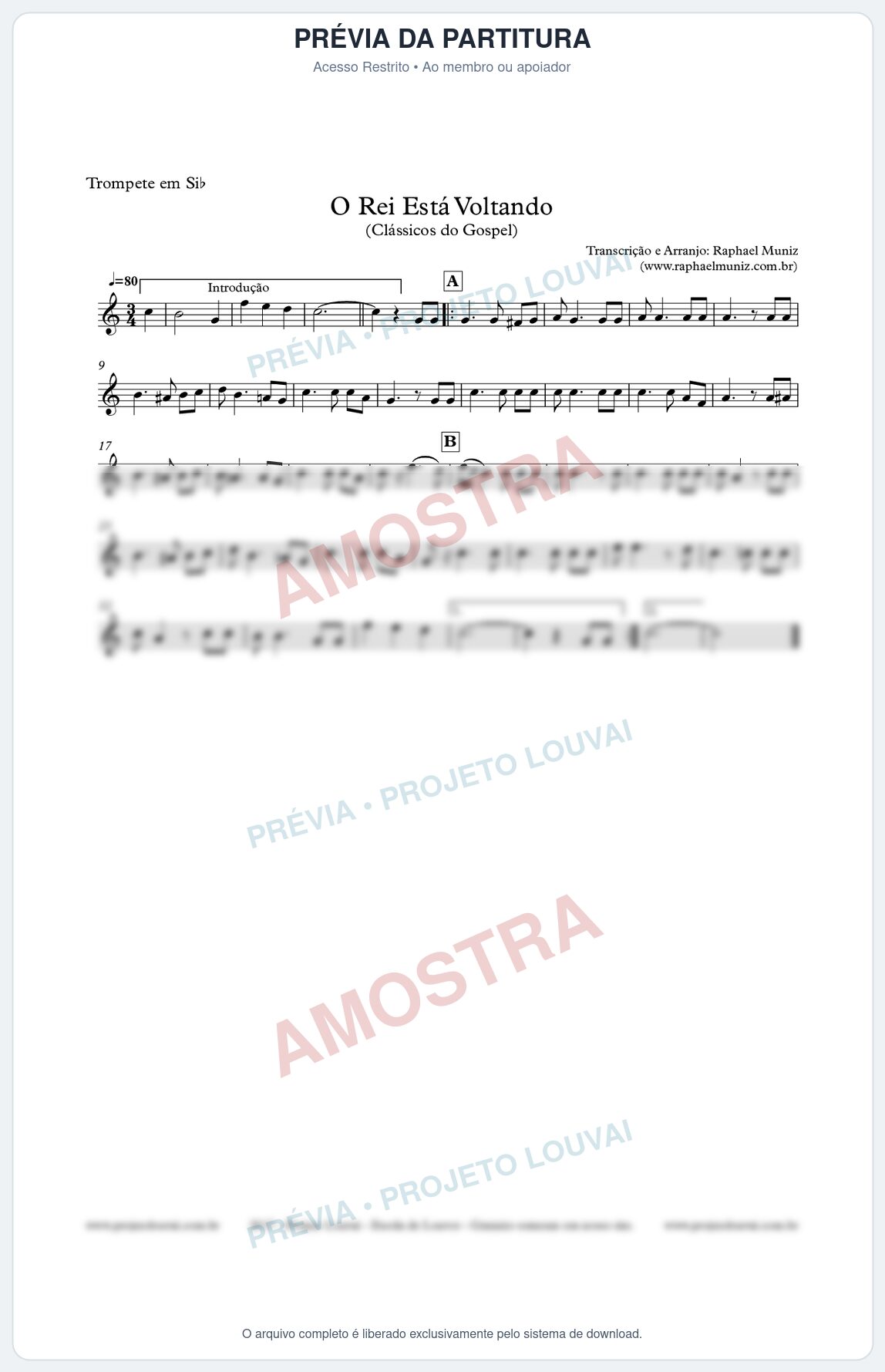 Prévia protegida da primeira página da partitura Partitura para Trompete - O Rei está voltando - Clássicos do Gospel