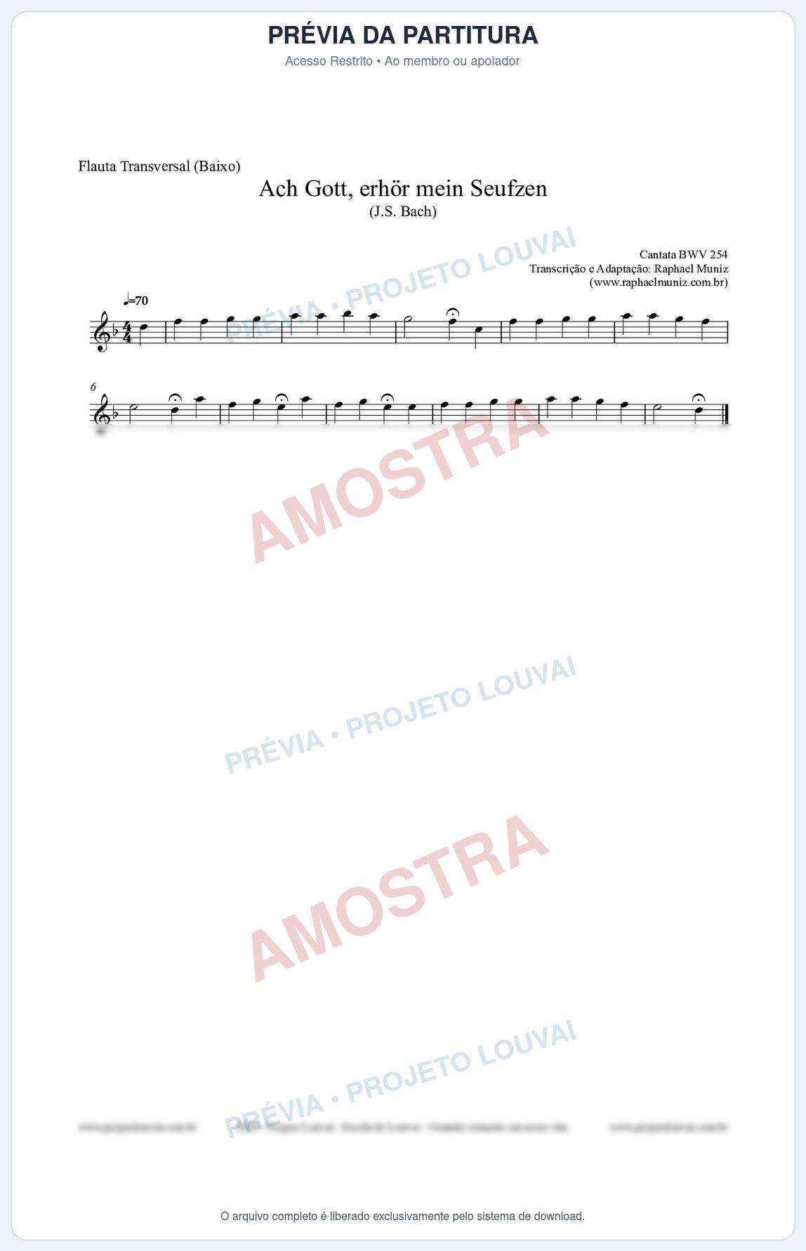 Prévia protegida da primeira página da partitura Partitura para Flauta Transversal (Baixo) - Ach Gott, erhör mein Seufzen (BWV 254) (Tom Dm) - Johann Sebastian Bach