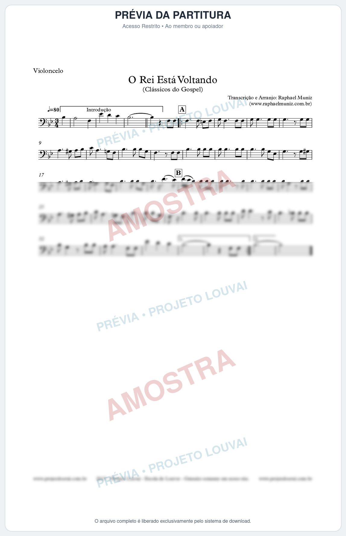 Prévia protegida da primeira página da partitura Partitura para Violoncelo - O Rei está voltando - Clássicos do Gospel