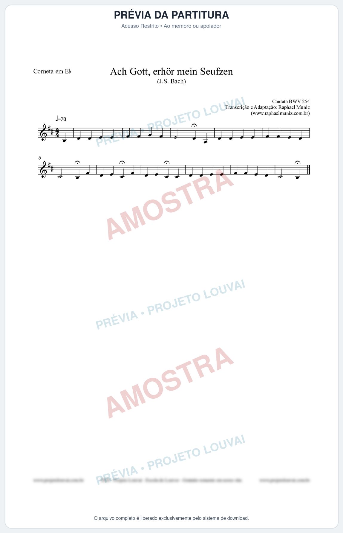 Prévia protegida da primeira página da partitura Partitura para Corneta em Eb - Ach Gott, erhör mein Seufzen (BWV 254) (Tom Dm) - Johann Sebastian Bach